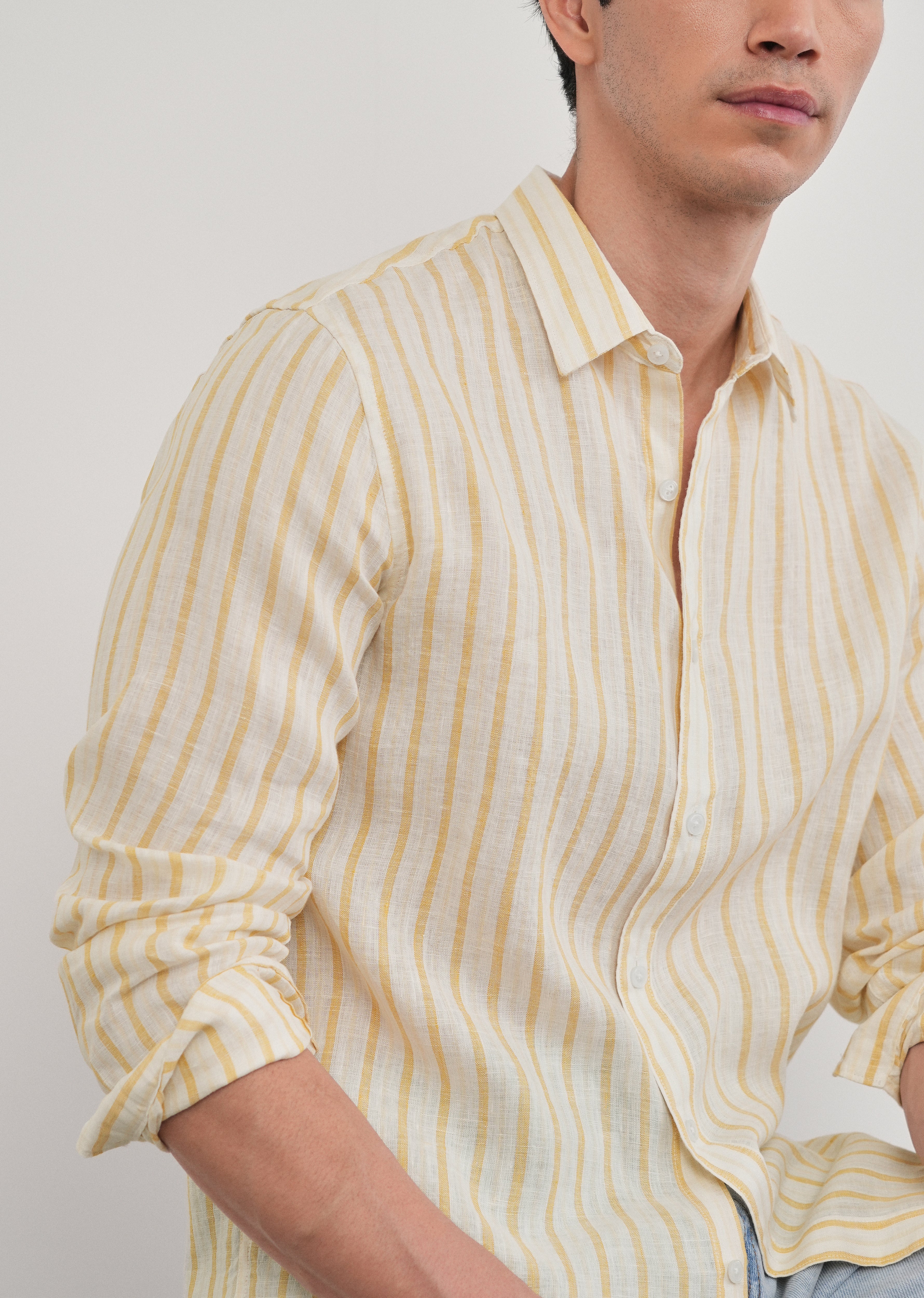 100% Linen Yellow Self-Stripe Shirt