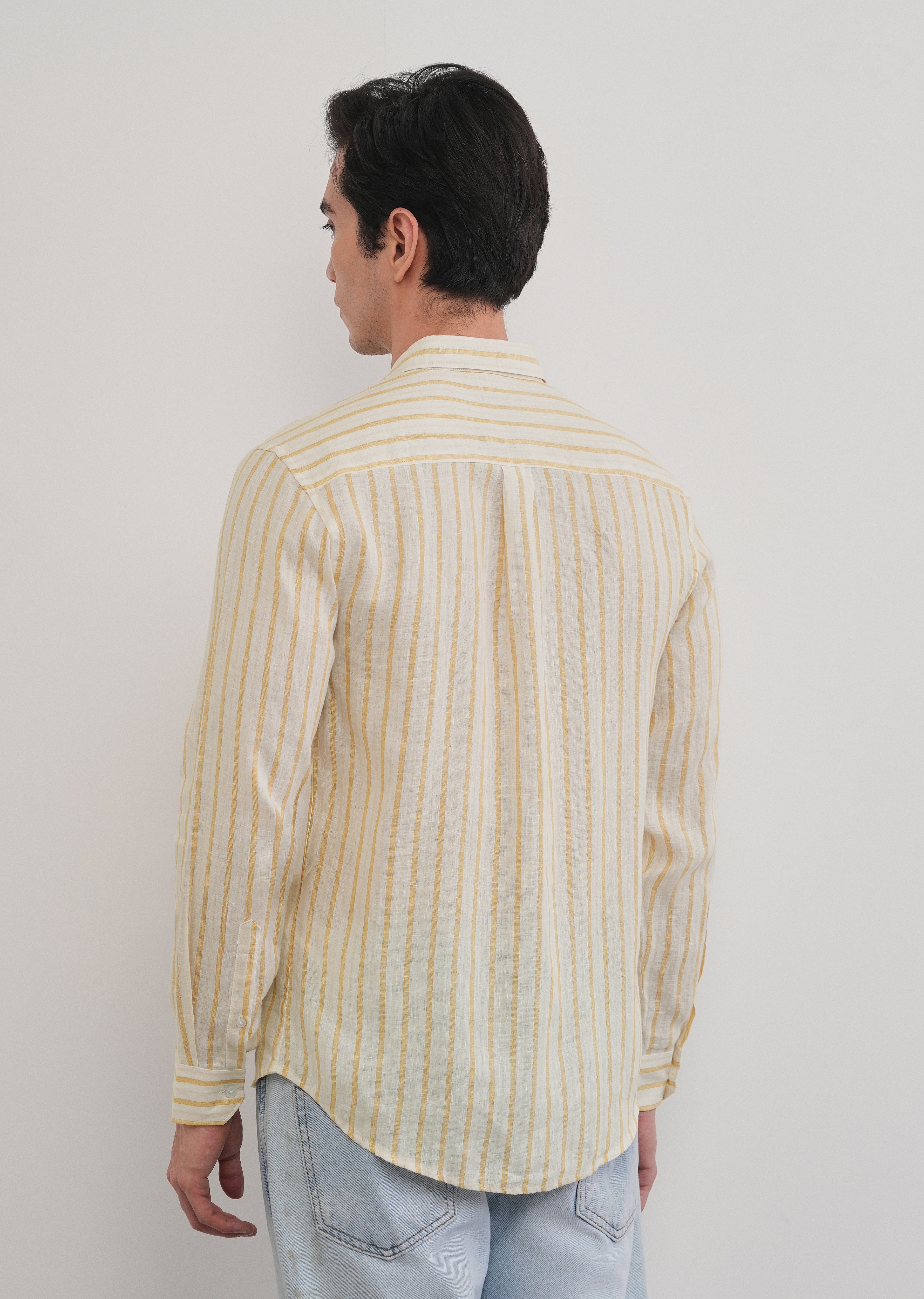 100% Linen Yellow Self-Stripe Shirt