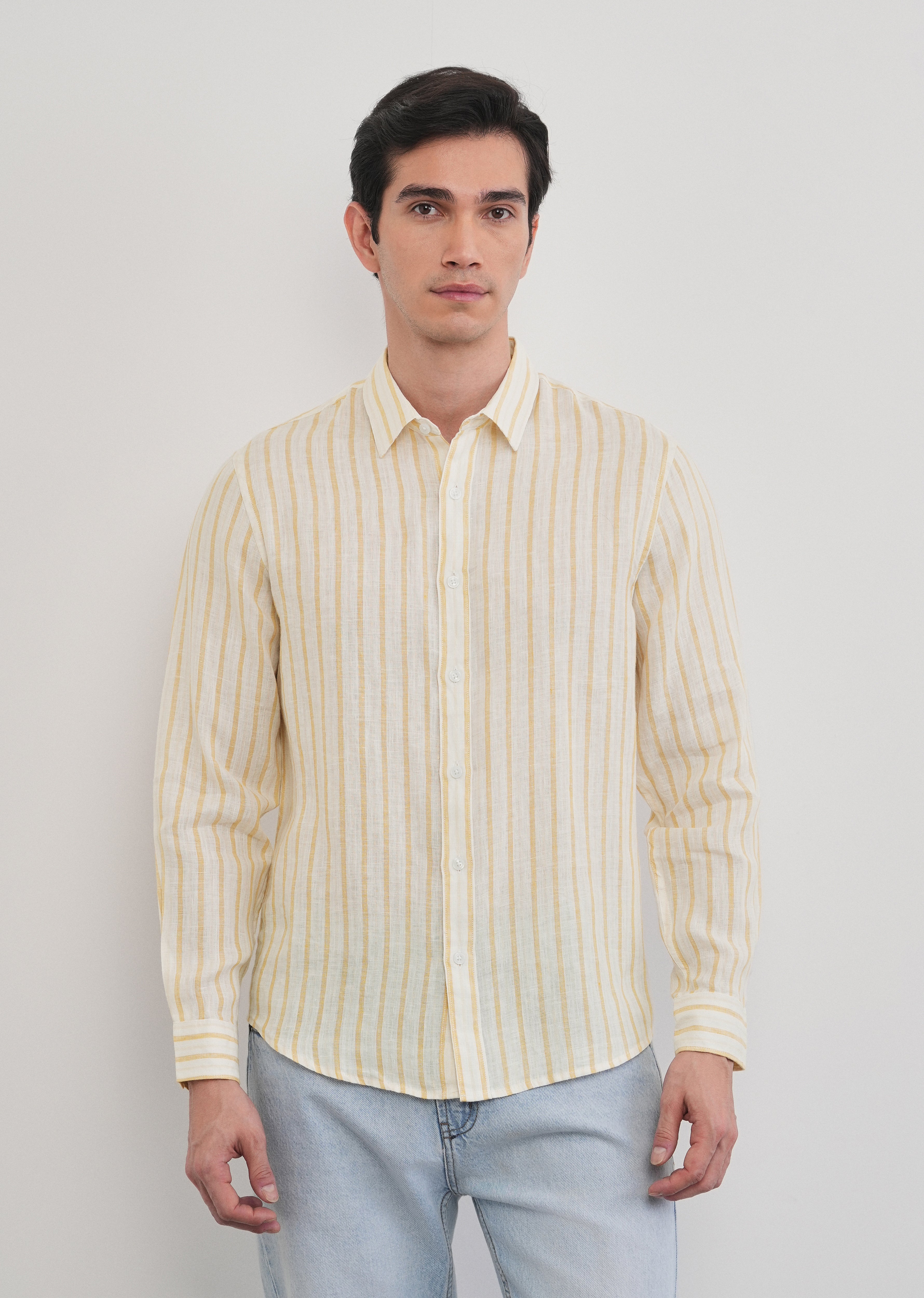 100% Linen Yellow Self-Stripe Shirt