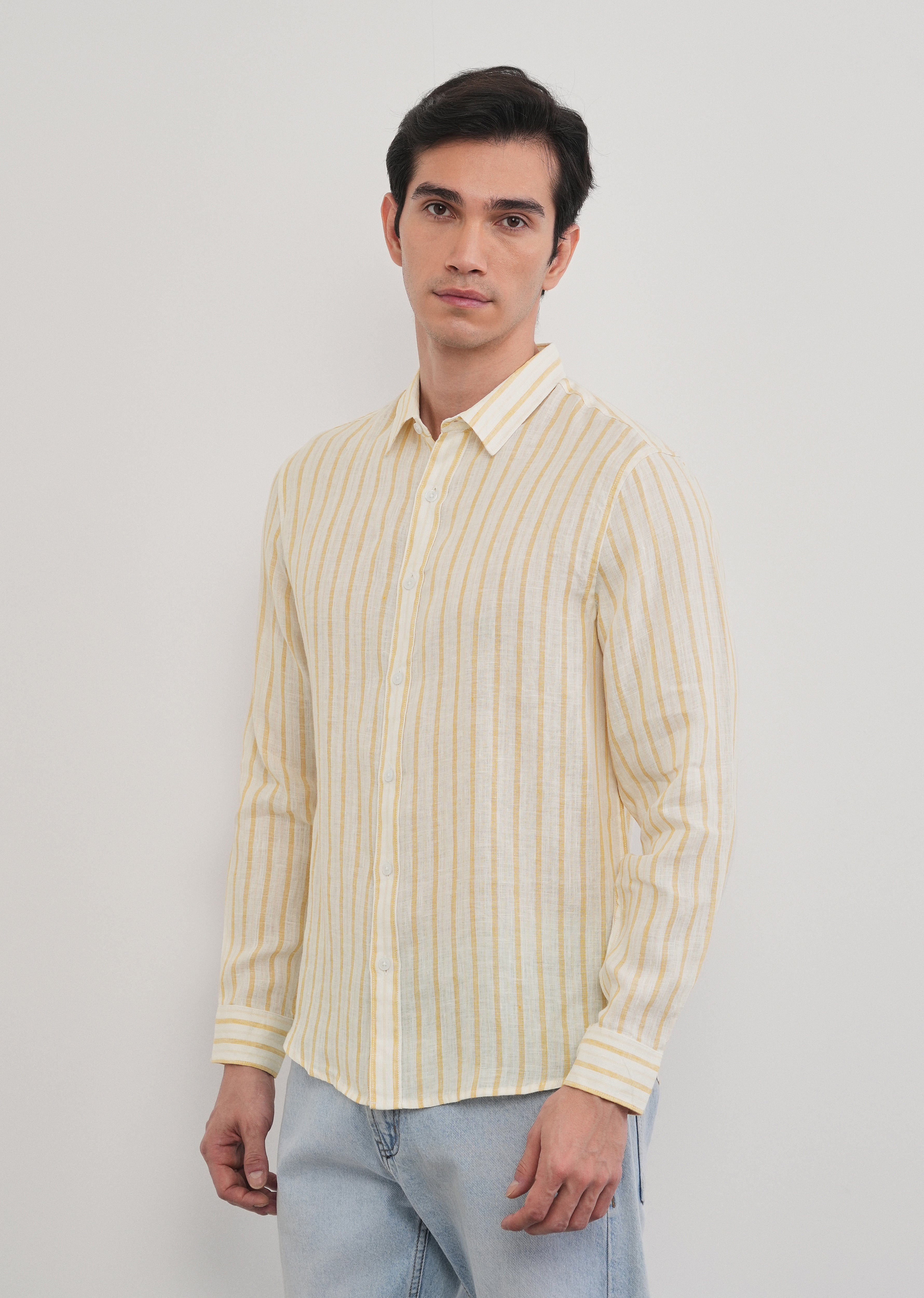 100% Linen Yellow Self-Stripe Shirt