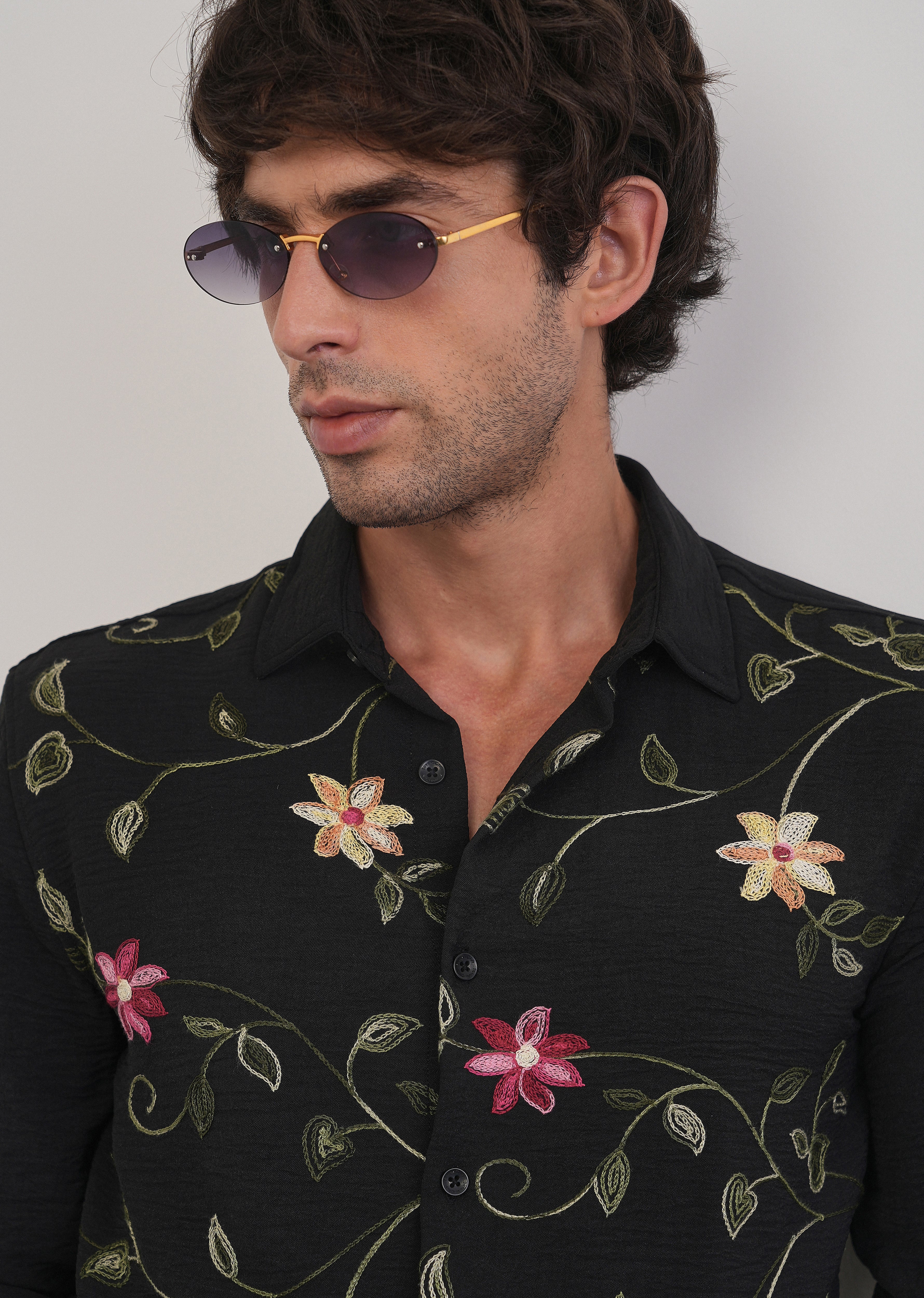 Black Floral Thread Work Shirt