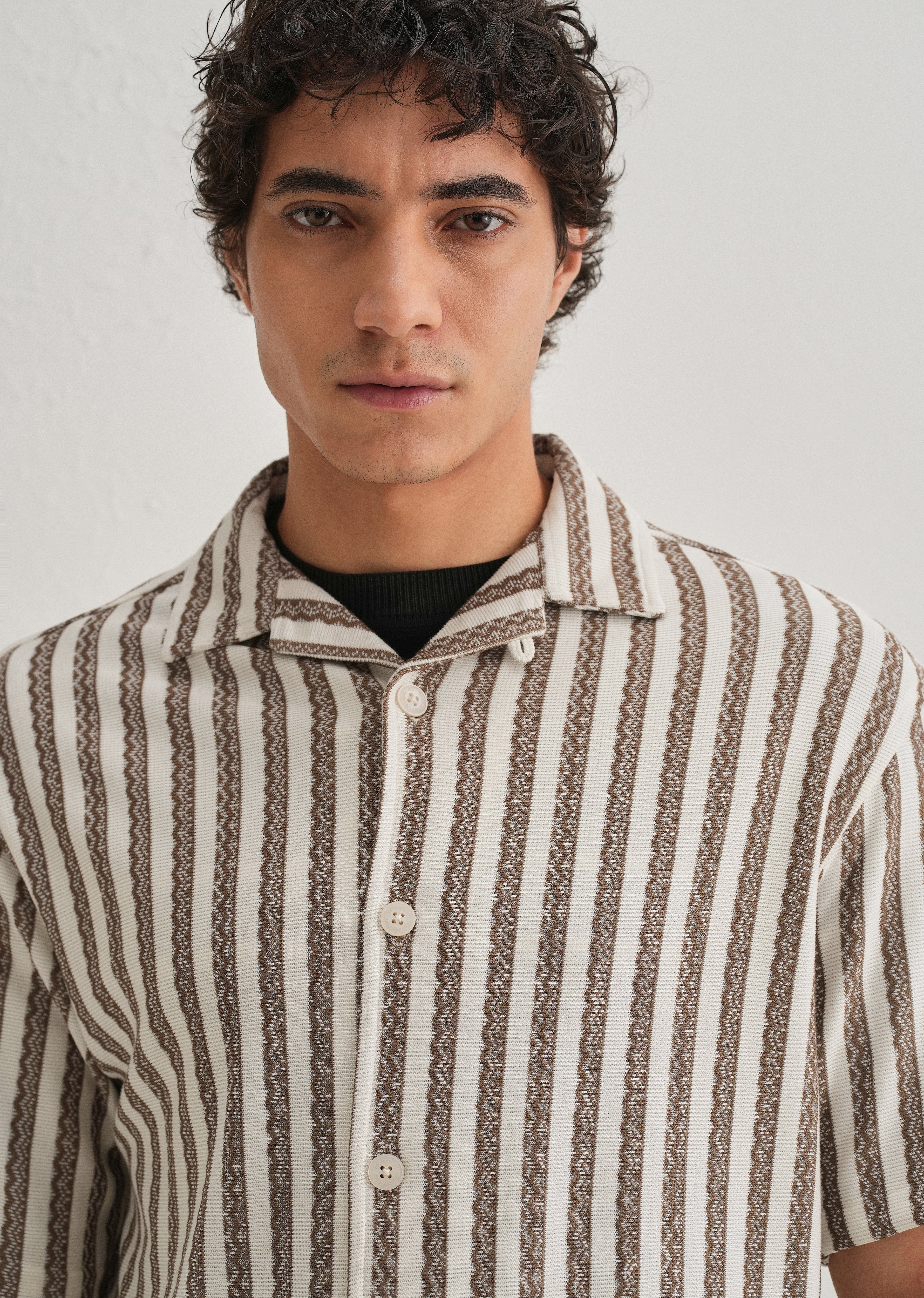 Brown Striped Knit Cuban Collar Shirt