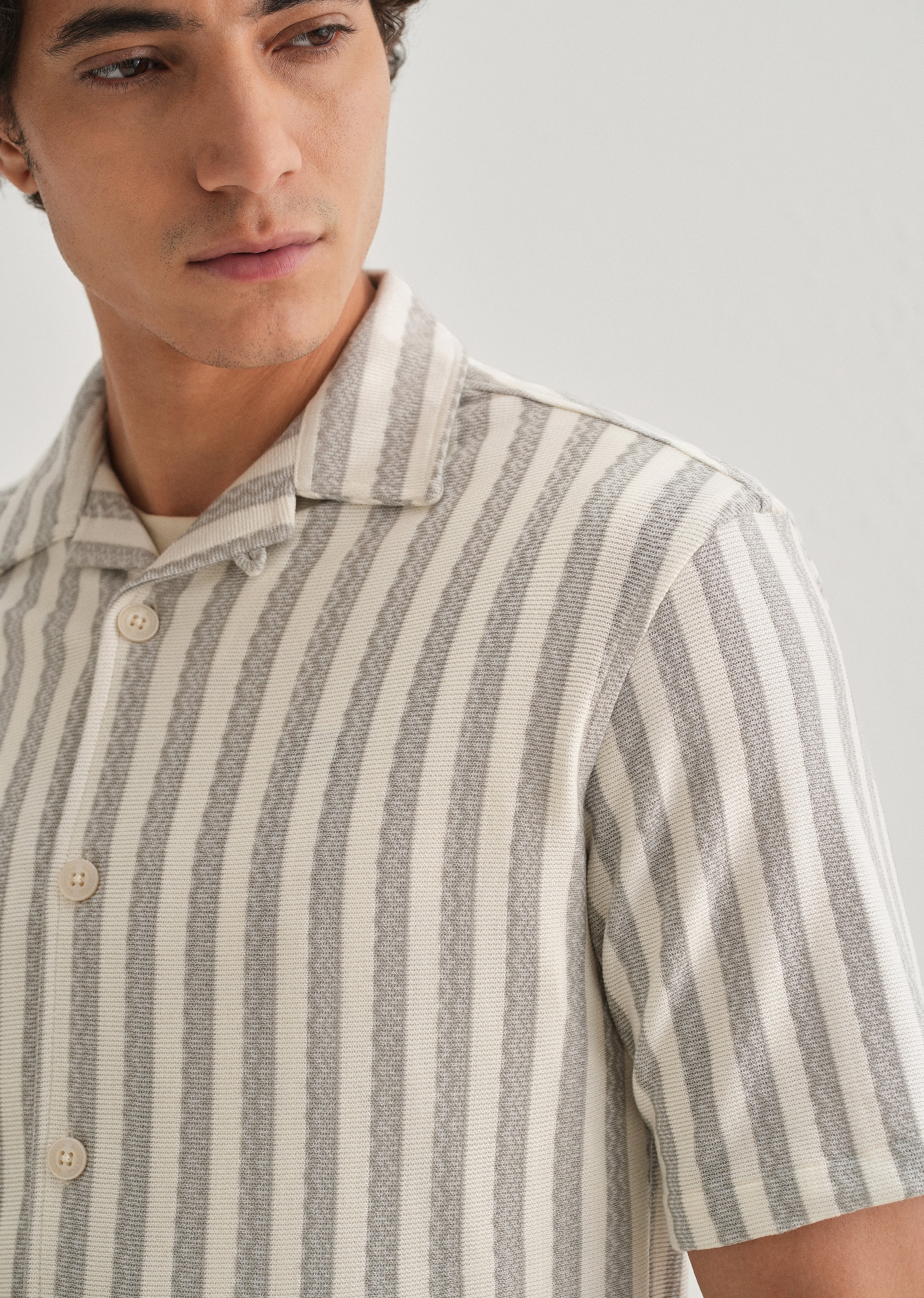 Grey Striped Knit Cuban Collar Shirt