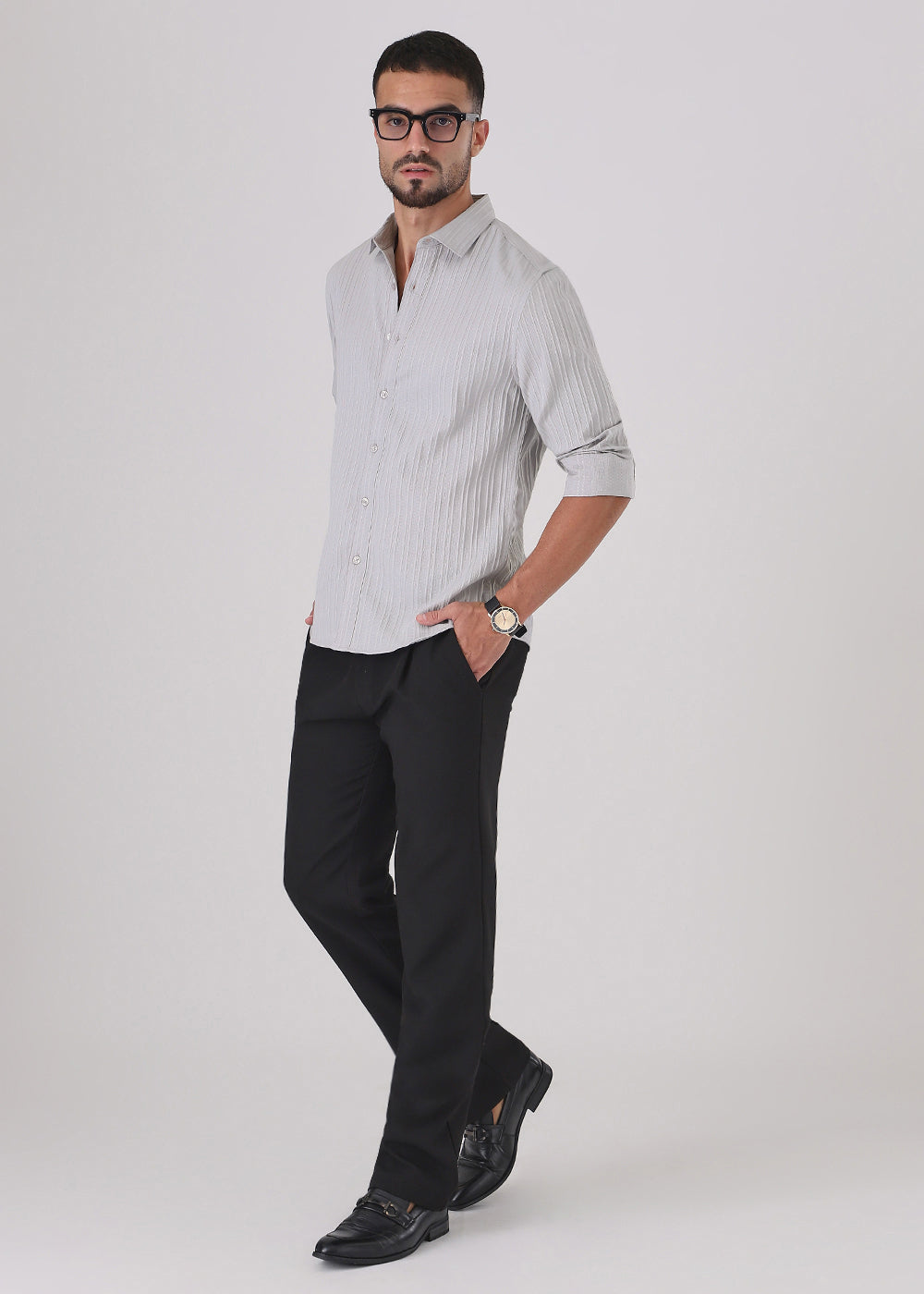 Light Grey Plain Self Striped Shirt