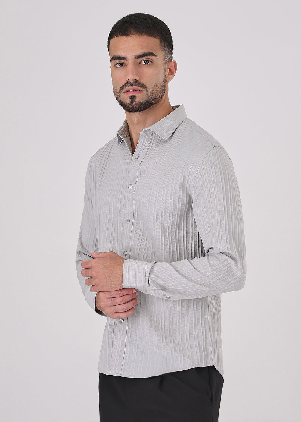 Light Grey Plain Self Striped Shirt