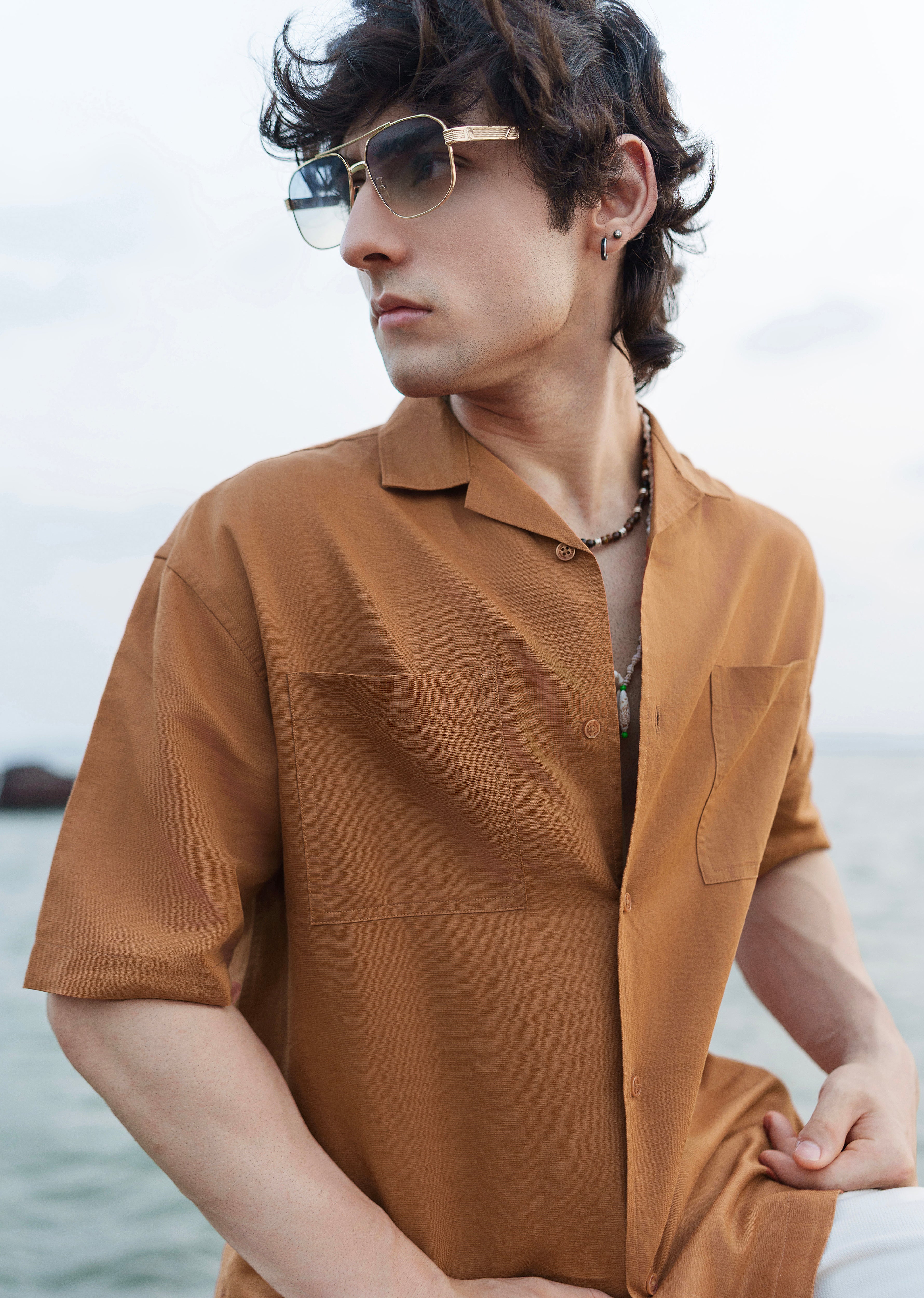 Brown Double Pocket Cotton Linen Shirt