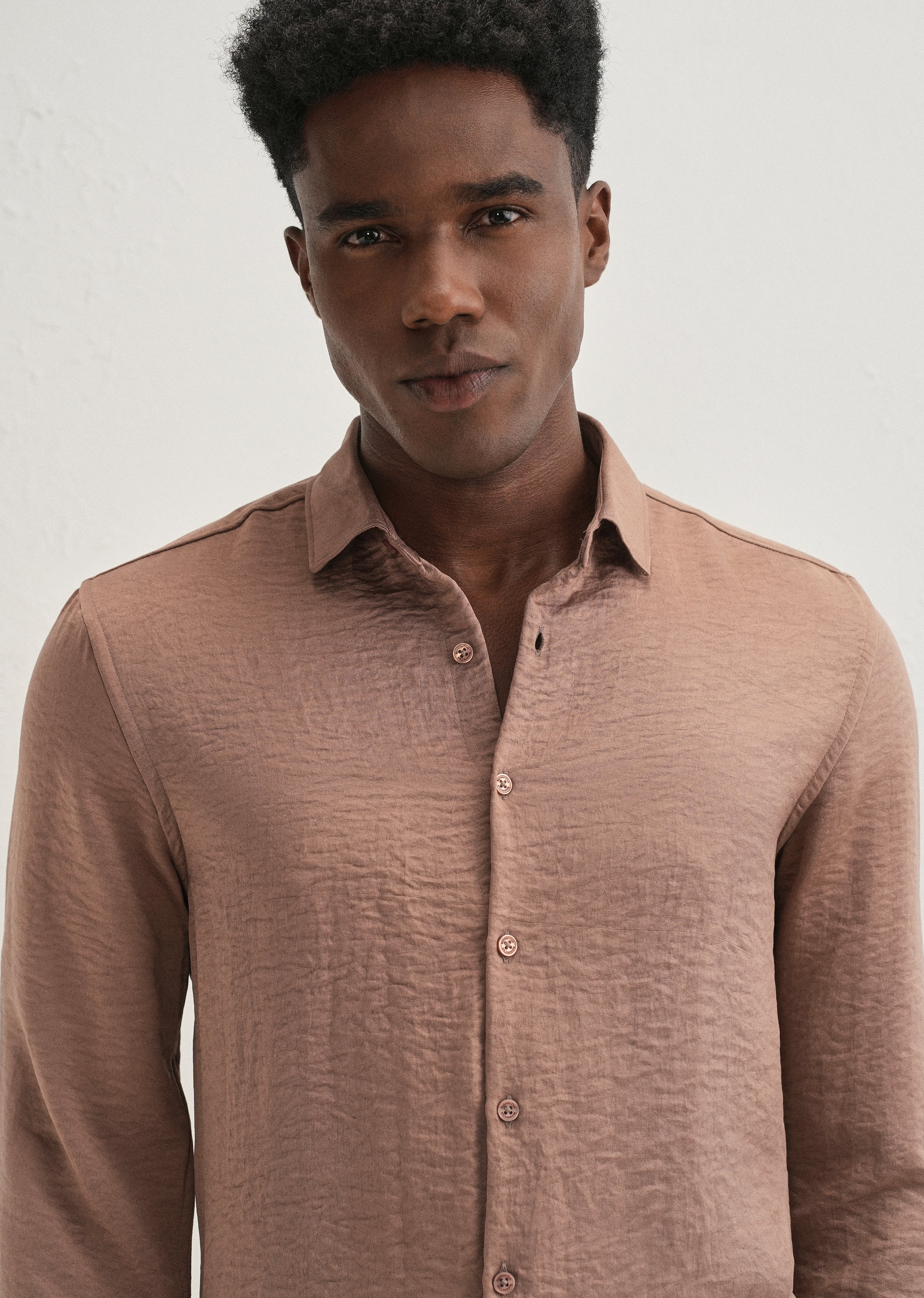 Wood Brown Plain Crushed Satin Shirt