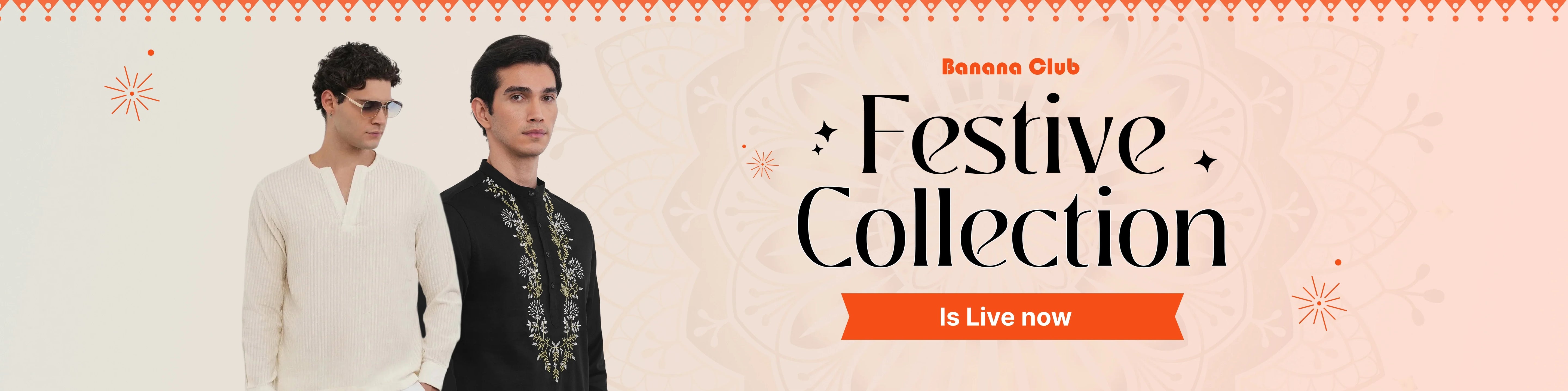 Two men in formal attire with 'Festive Collection' text and promotional banner.