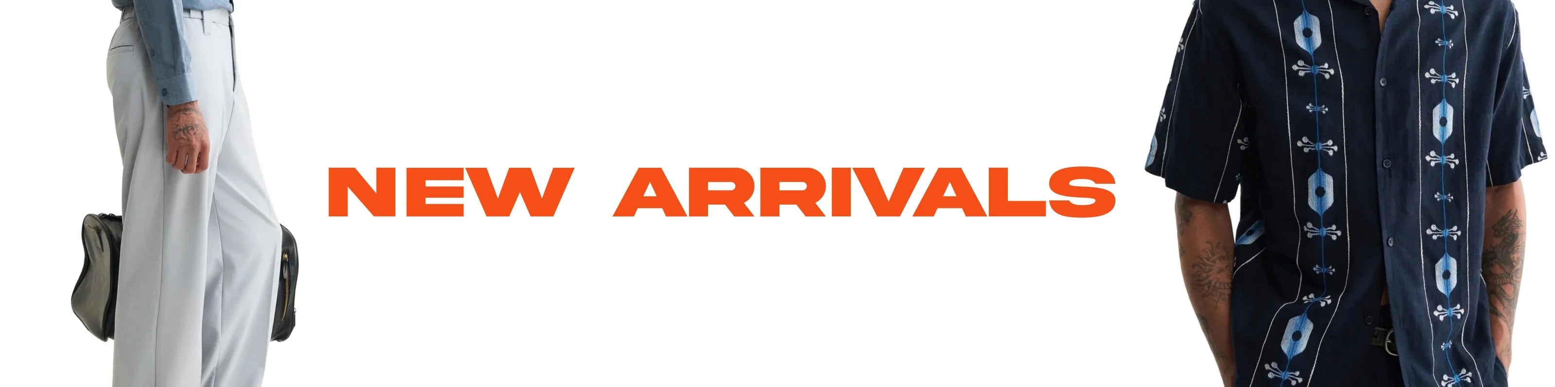 A promotional banner with the text 'NEW ARRIVALS' in bold orange on a white background, flanked by two fashion photos: a man in a light blue shirt on the left and a black-and-white close-up of a man in a striped polo on the right.