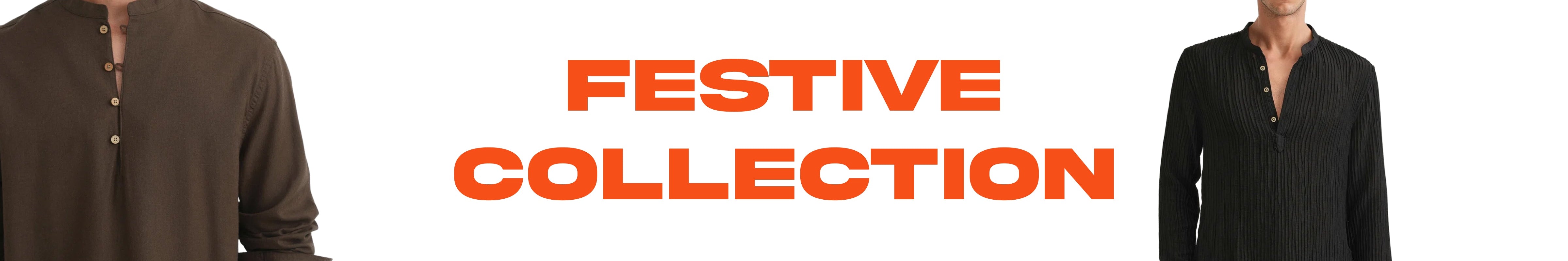Two men in formal attire with 'Festive Collection' text and promotional banner.