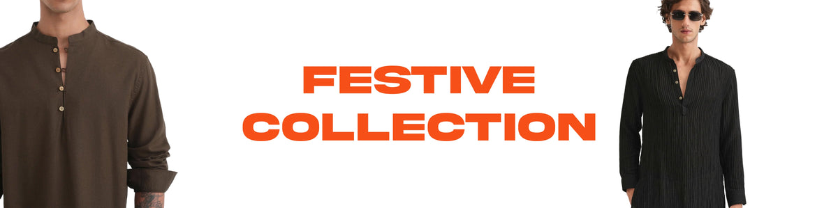 Two men in formal attire with 'Festive Collection' text and promotional banner.