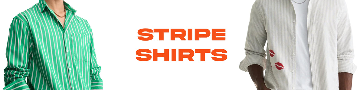 Three male models wearing striped apparel are shown against a light gray studio background, with large white text reading 'STRIPES' and smaller text 'FROM SUBTLE TO STATEMENT.' on the right.