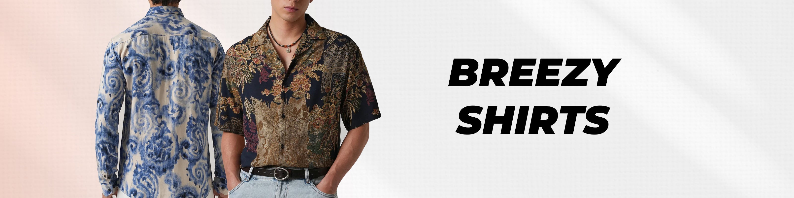 Two men modeling short-sleeve button-up shirts with tropical and abstract patterns, alongside the text 'BREEZY SHIRTS' on a light background.