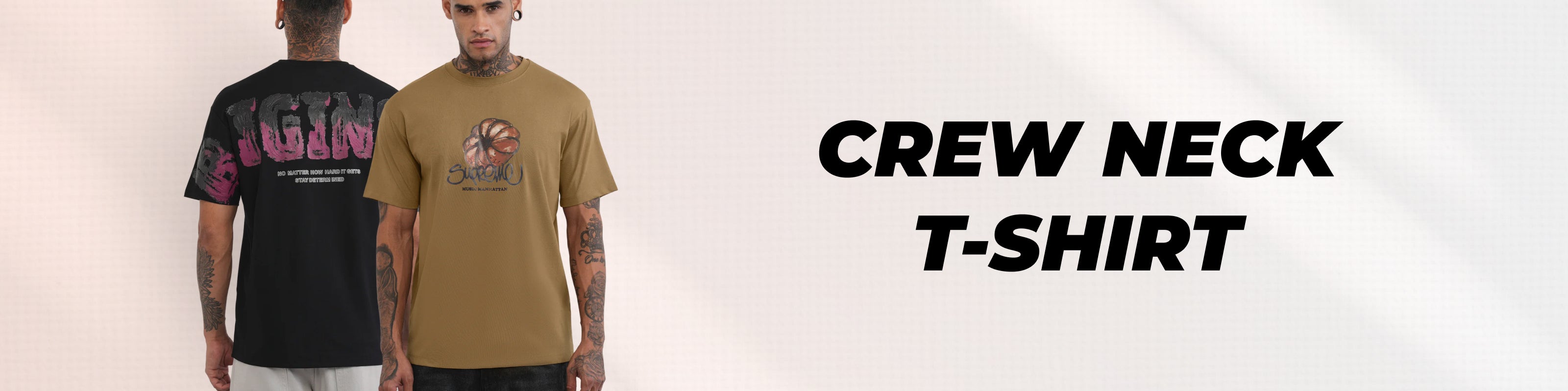 Two men modeling crew neck t-shirts against a light background with text reading 'CREW NECK T-SHIRT'. One man wears a black t-shirt showing the back graphic, and the other wears a tan t-shirt showing the front graphic.