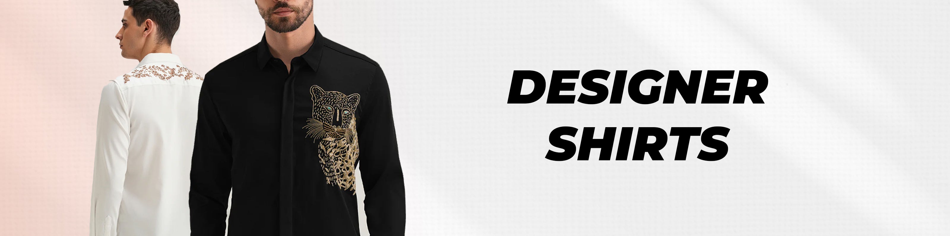 Promotional banner for designer shirts featuring a man in a black long-sleeve shirt with a gold embroidered tiger graphic on the chest, alongside a man in a white jacket, with the text 'DESIGNER SHIRTS' on the right.