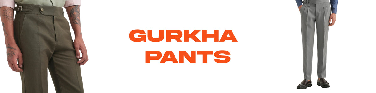 Two models wearing trousers shown side by side against a light gray background, with the word 'GURKHA' printed in bold on the right. The left model wears light gray trousers, and the right model wears beige trousers.