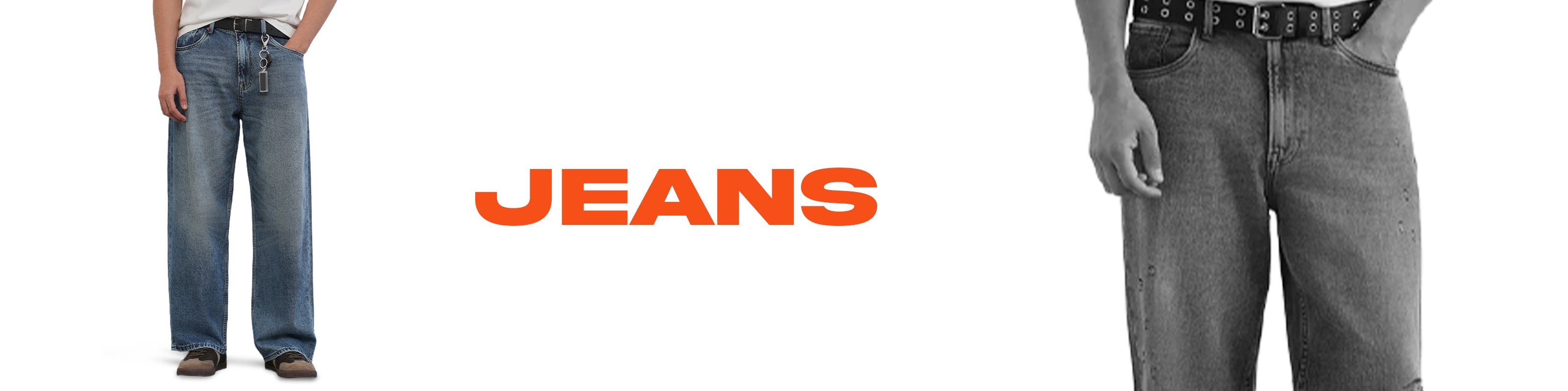 A split-screen product image showing two models wearing different styles of blue jeans, with a central orange text overlay reading 'JEANS' on a plain white background.
