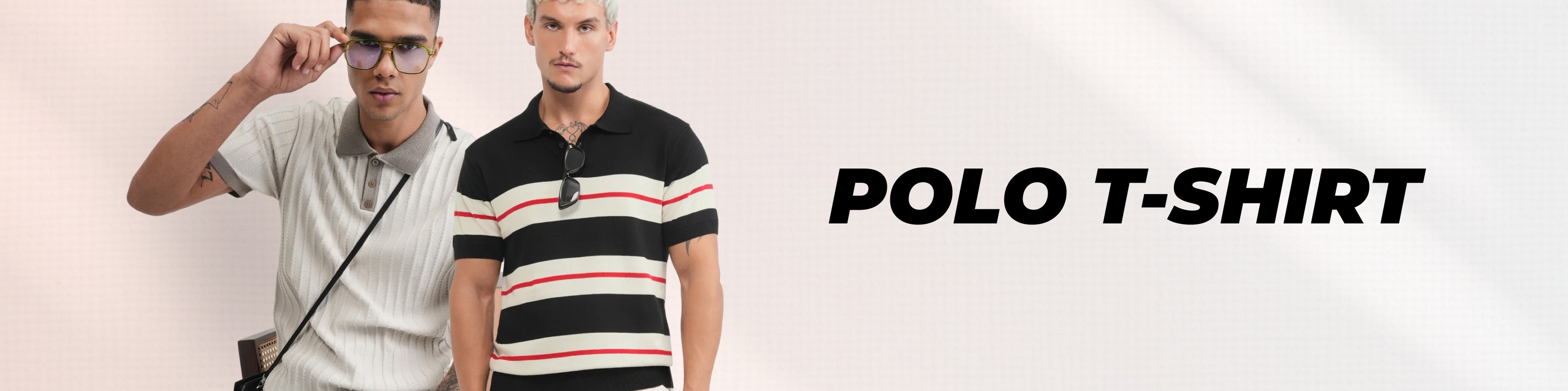 Two men modeling striped polo t-shirts against a light gray background, with the text 'POLO T-SHIRT' on the right side.