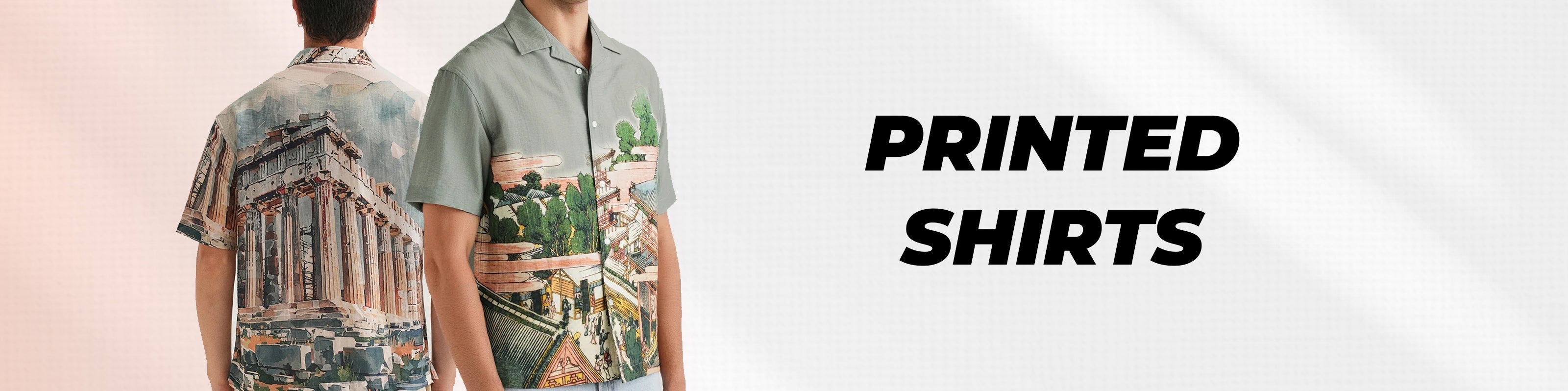 Two men modeling short-sleeve button-up shirts with scenic printed graphics, shown from the back and front against a light background with the text 'PRINTED SHIRTS' on the right.