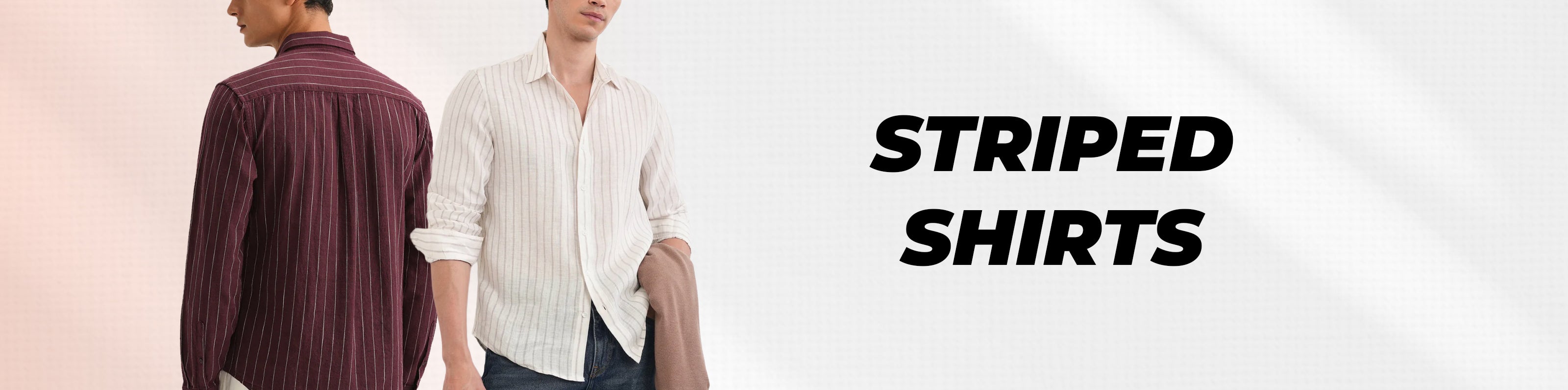 Two male models wearing striped shirts, one in a dark burgundy marl stripe pattern and the other in a white stripe pattern, with the text 'STRIPED SHIRTS' on the right side.