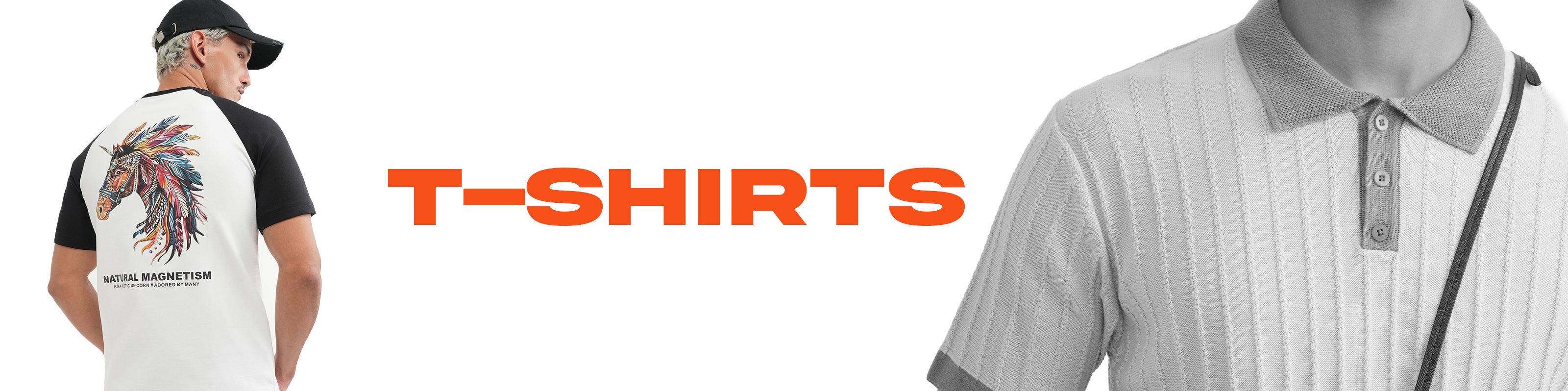 Promotional banner for t-shirts featuring a man wearing a black and white raglan t-shirt with a colorful graphic on the back, a close-up of a white ribbed polo shirt, and the word 'T-SHIRTS' in bold orange text.