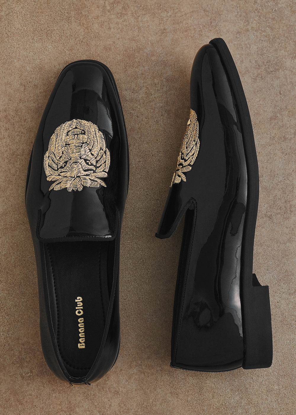 Lion Embroidered Black Patent Loafers
