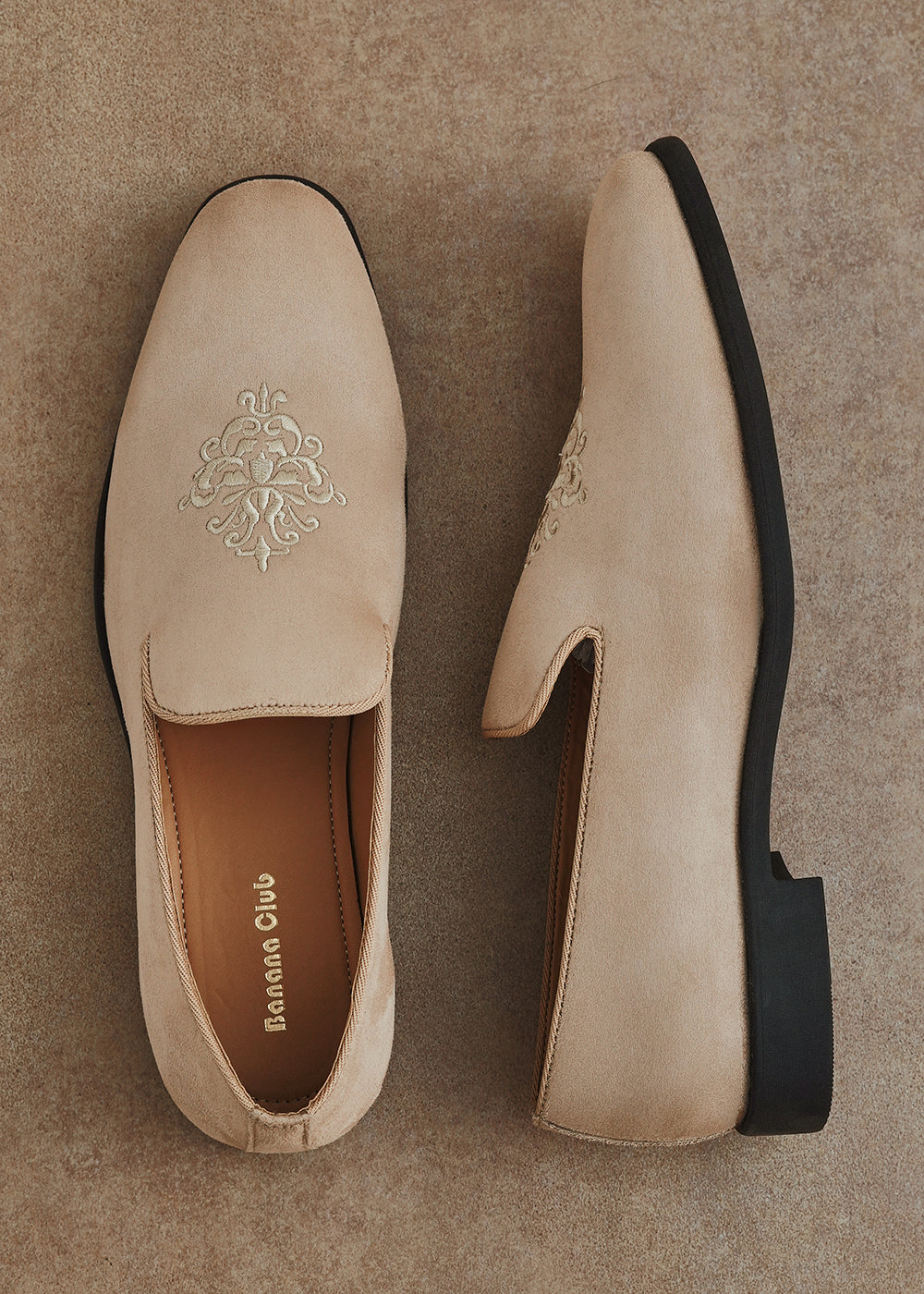 Beige Suede Embroidered Loafers