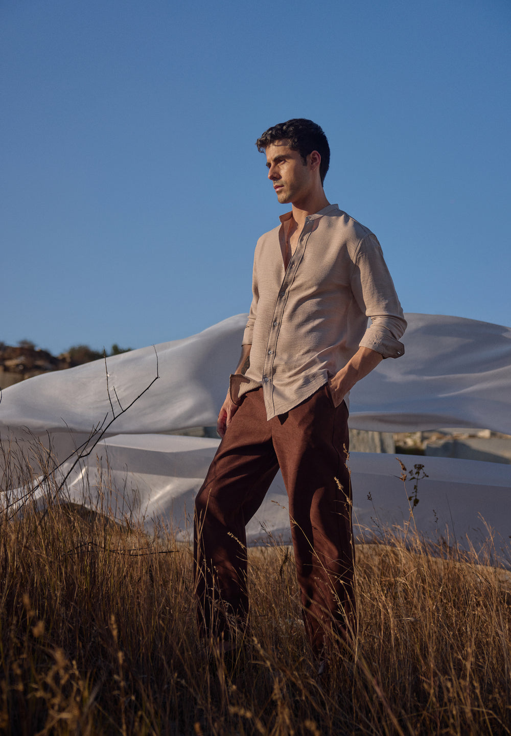 Tan Plain Mandarin Collar Shirt