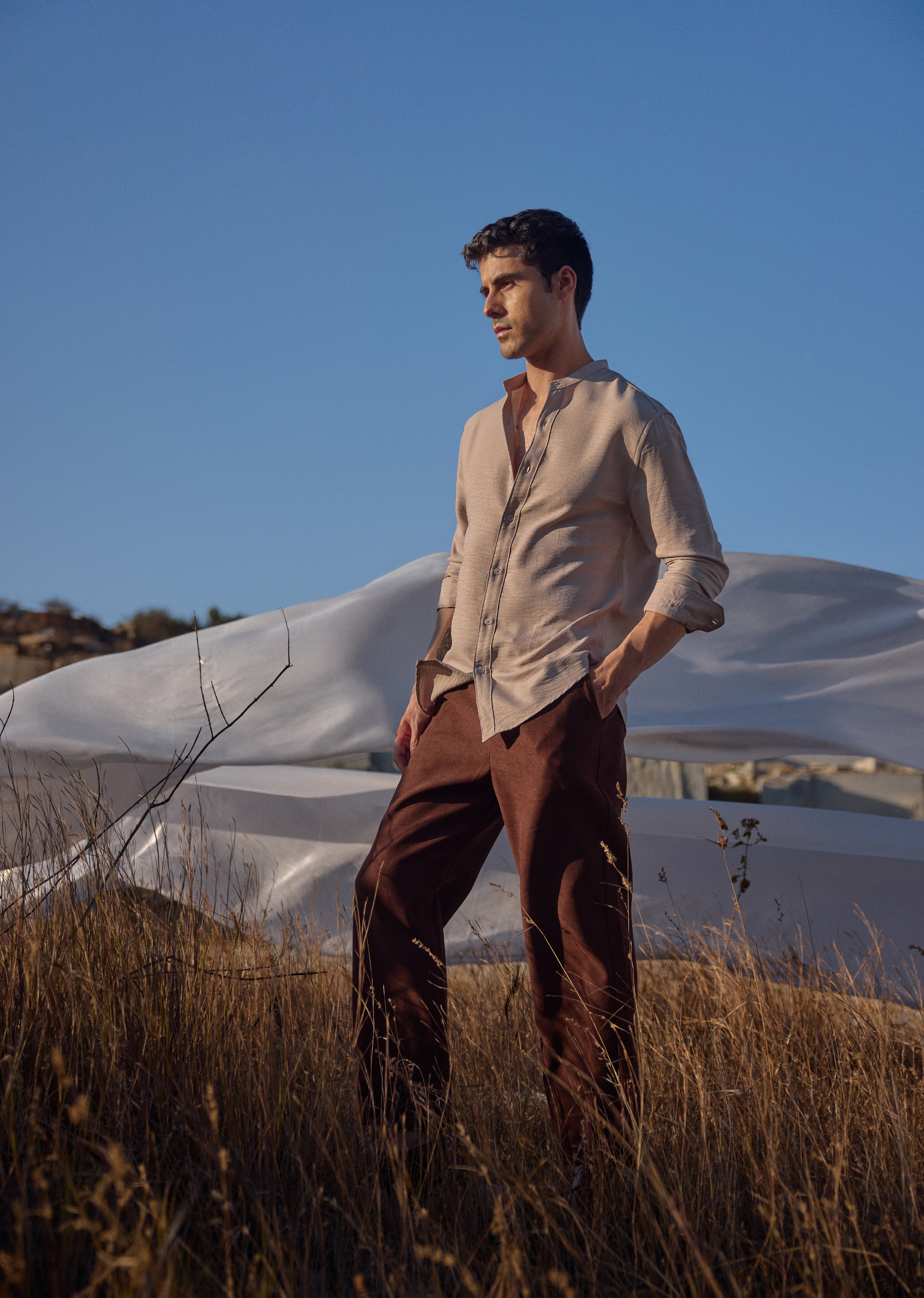 Tan Mandarin Collar Shirt