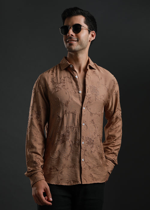 Metallic Bronze Floral Embroidery Shirt