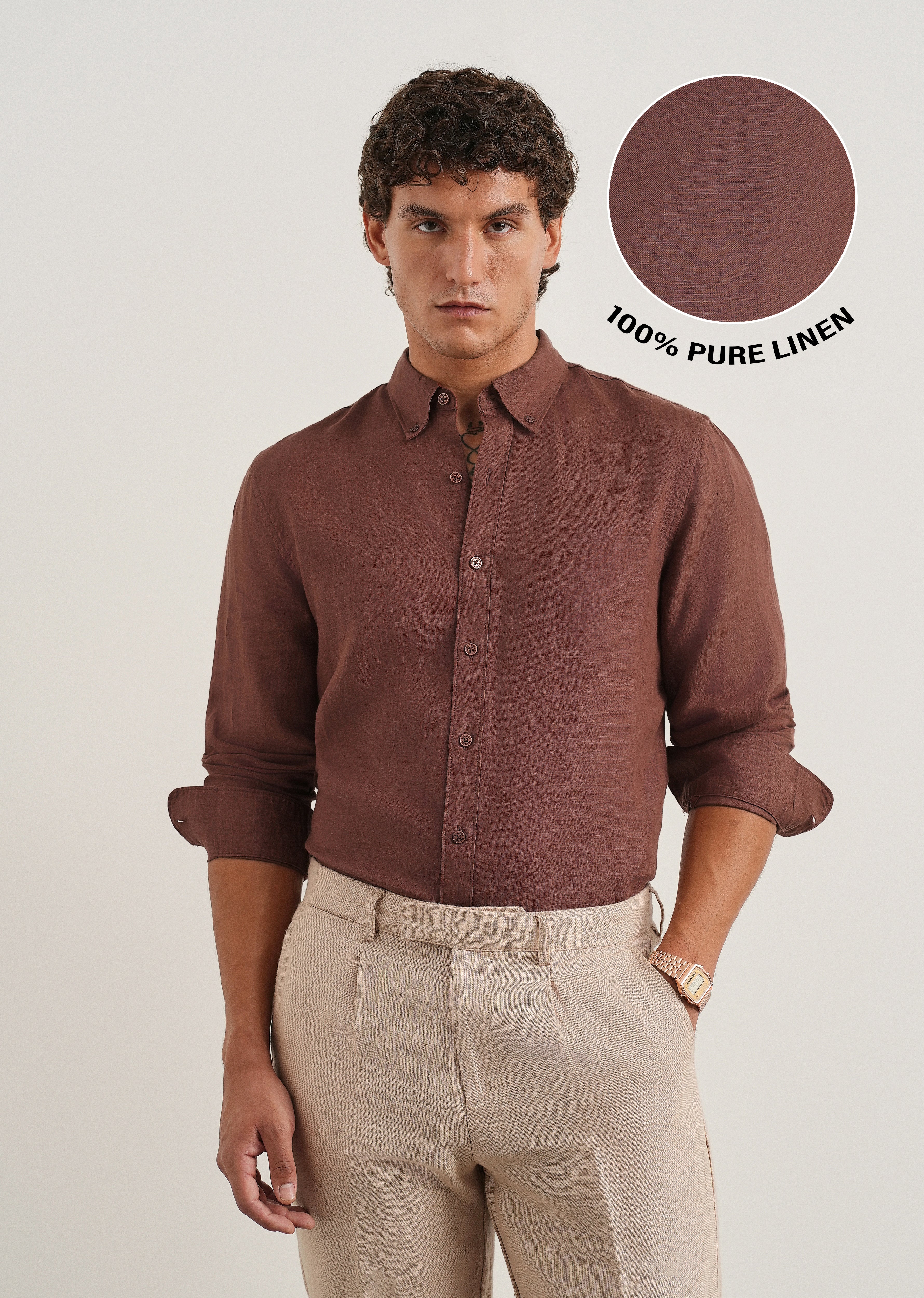 100% Pure Linen Umber Brown Regular Fit Shirt