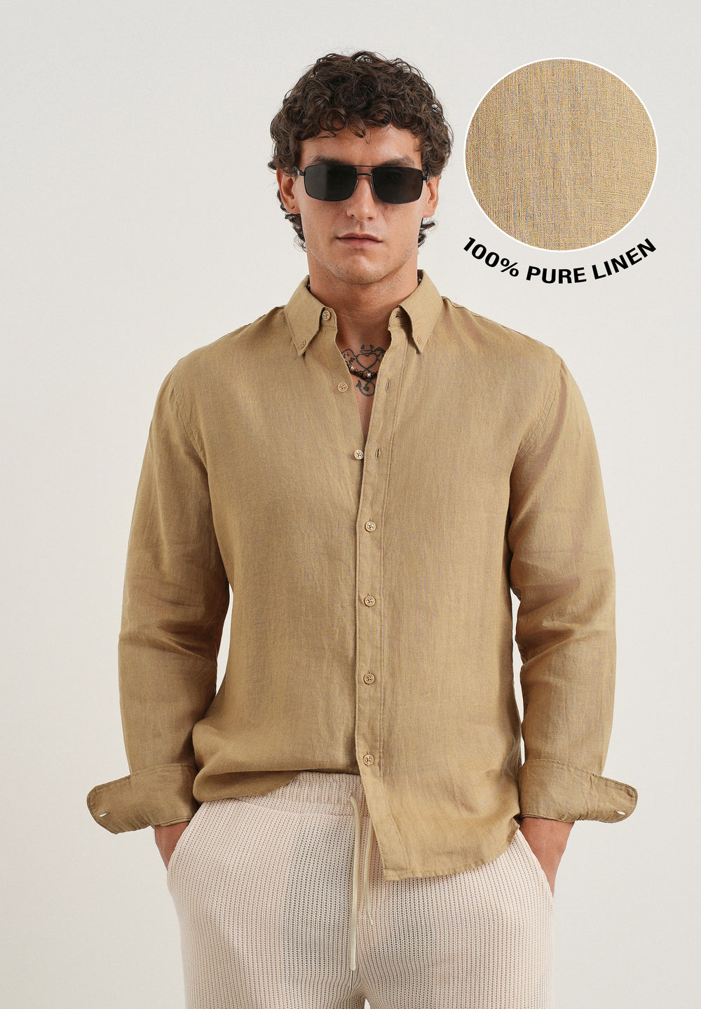 100% Pure Linen Khaki Regular Fit Shirt