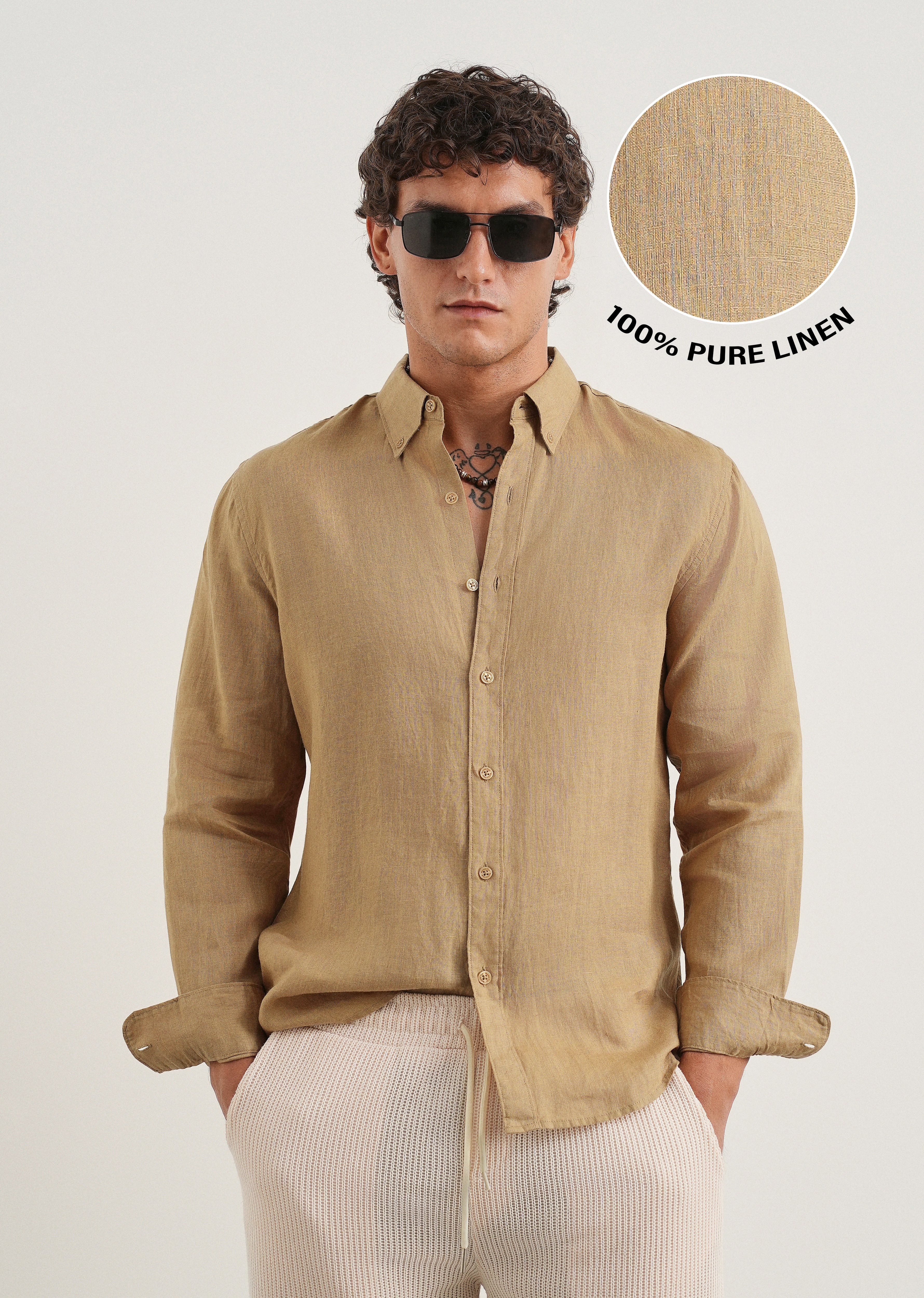 100% Pure Linen Khaki Regular Fit Shirt