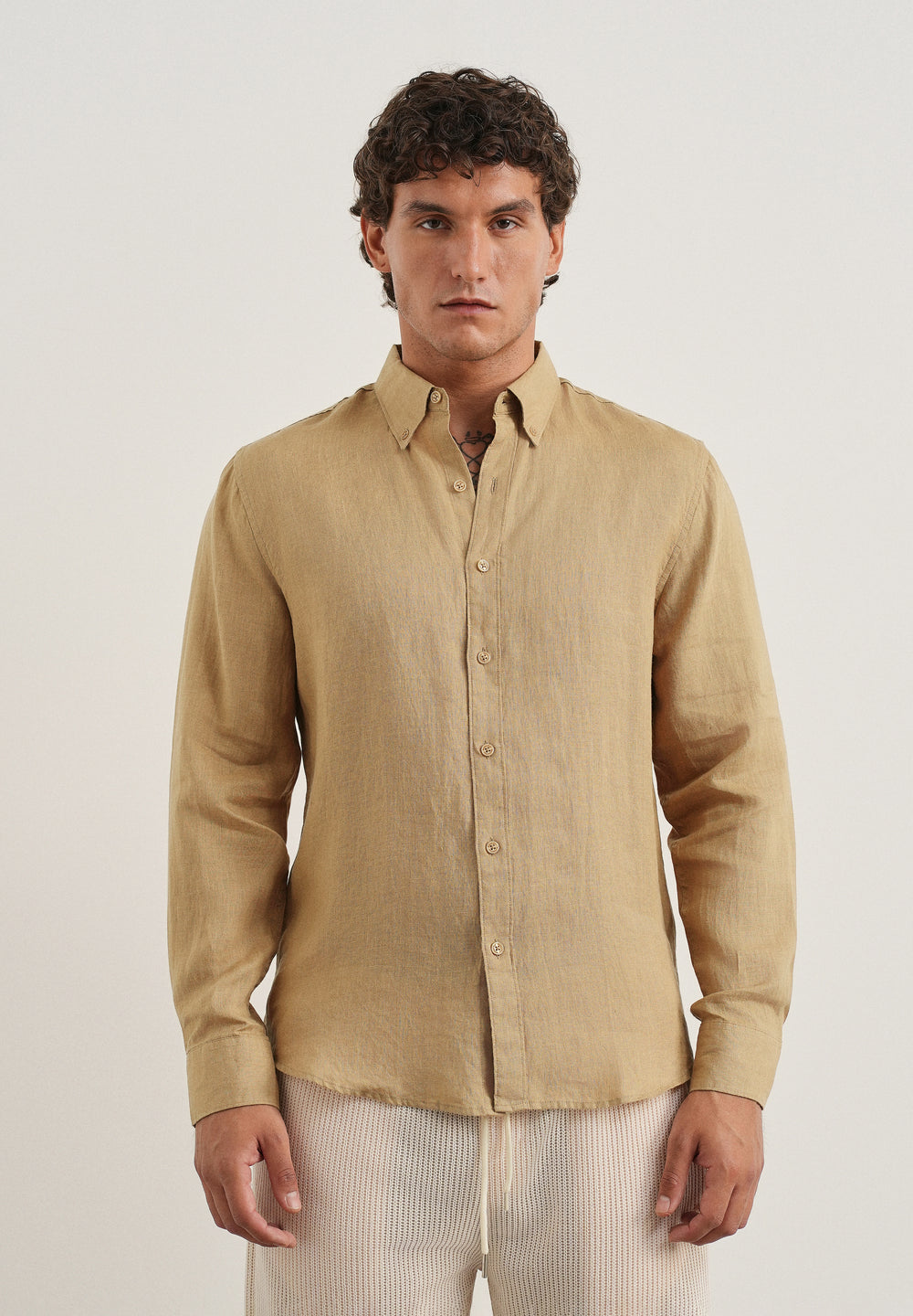 100% Pure Linen Khaki Regular Fit Shirt