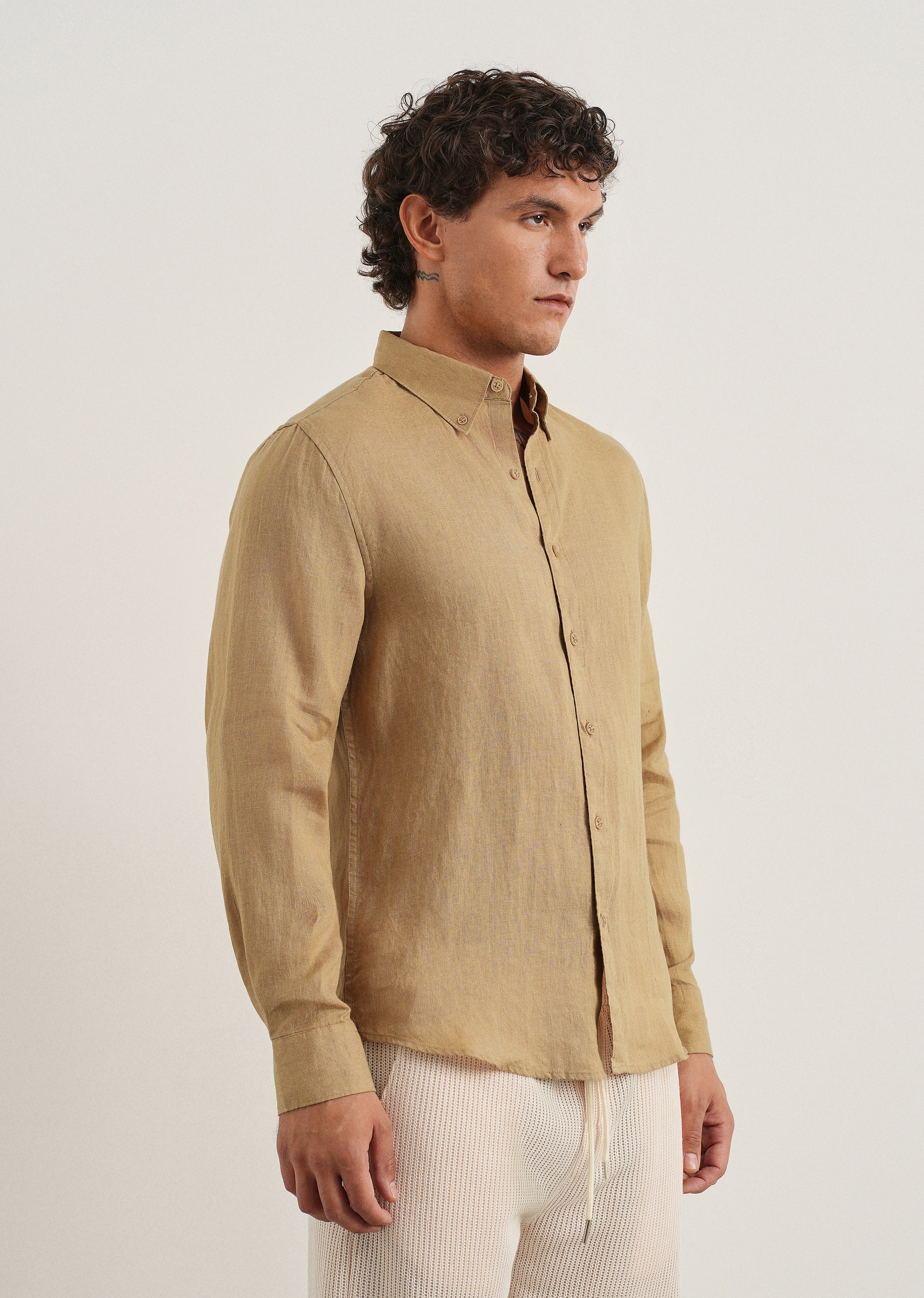 100% Pure Linen Khaki Regular Fit Shirt