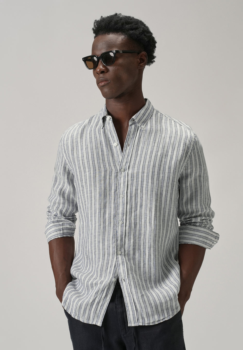 100% Pure Irish Flint Grey Stripe Linen Shirt