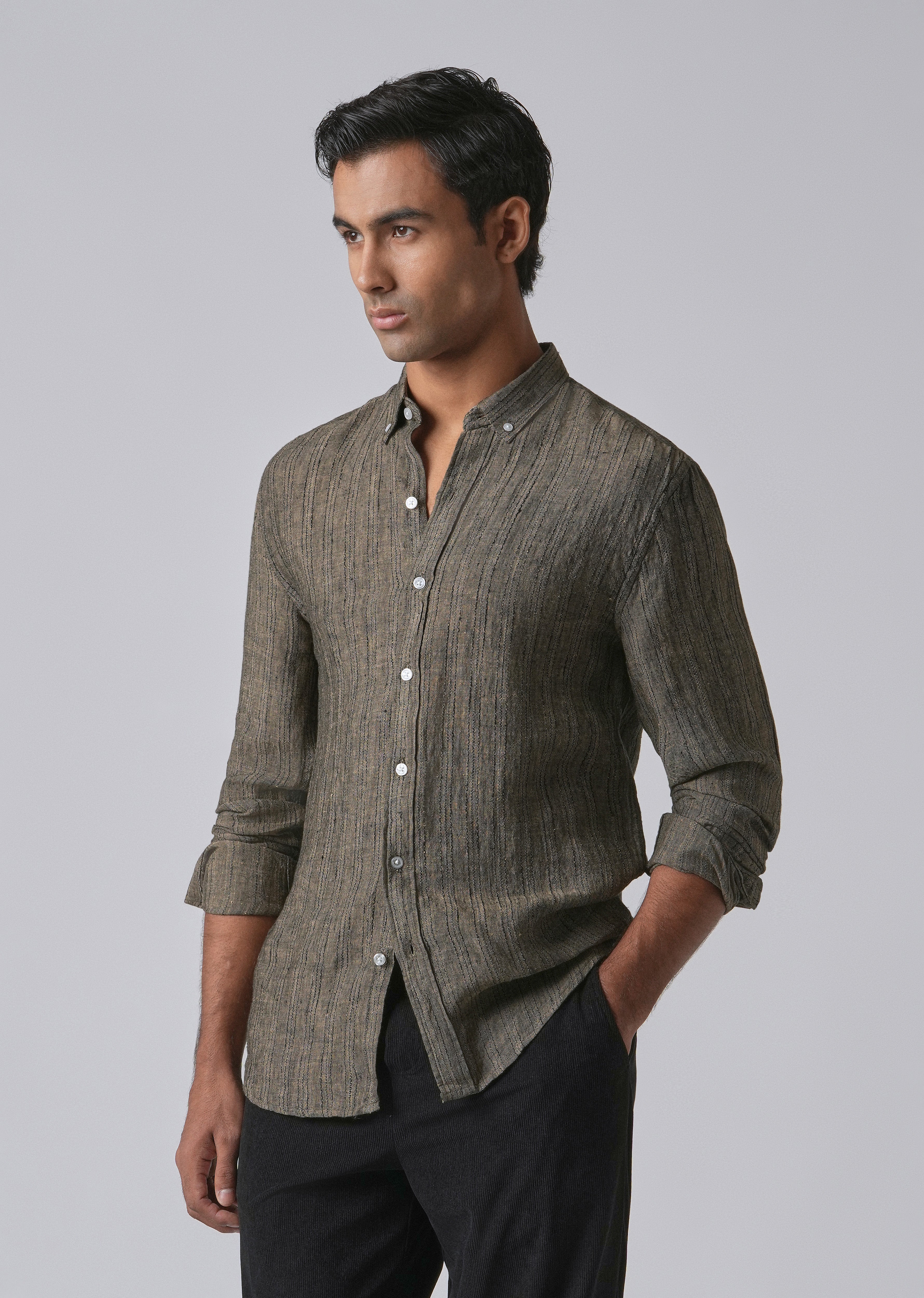 100% Pure Irish Olive Linen Shirt