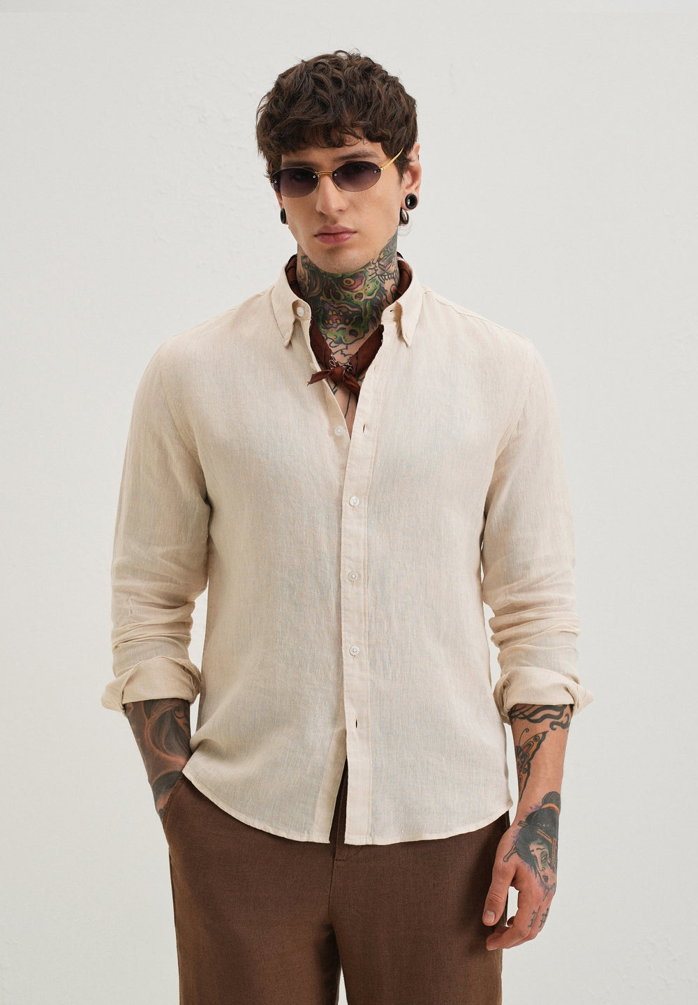 100% Pure Irish Sepia Beige Linen Shirt
