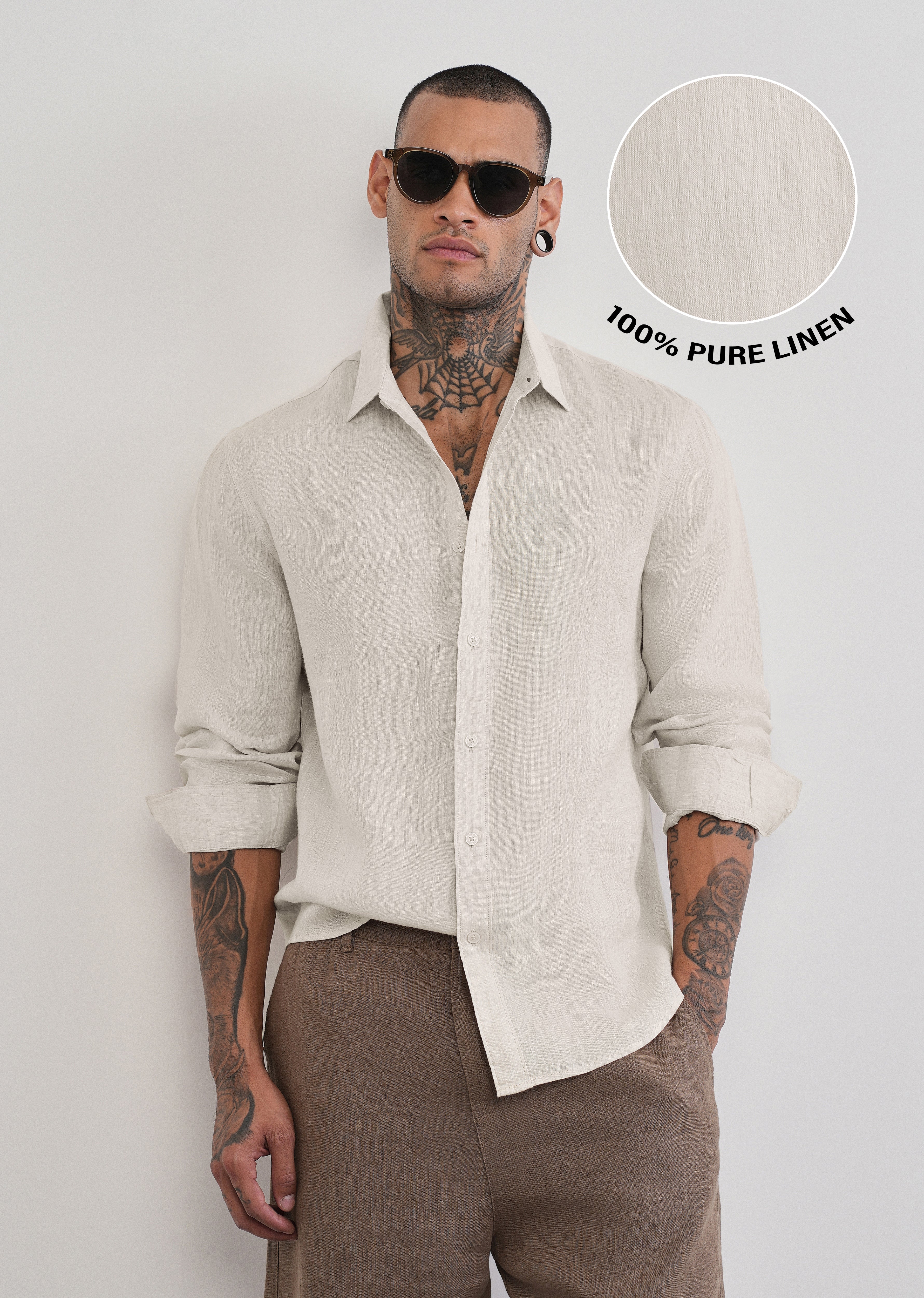 100% Pure Linen Beige Plain Shirt
