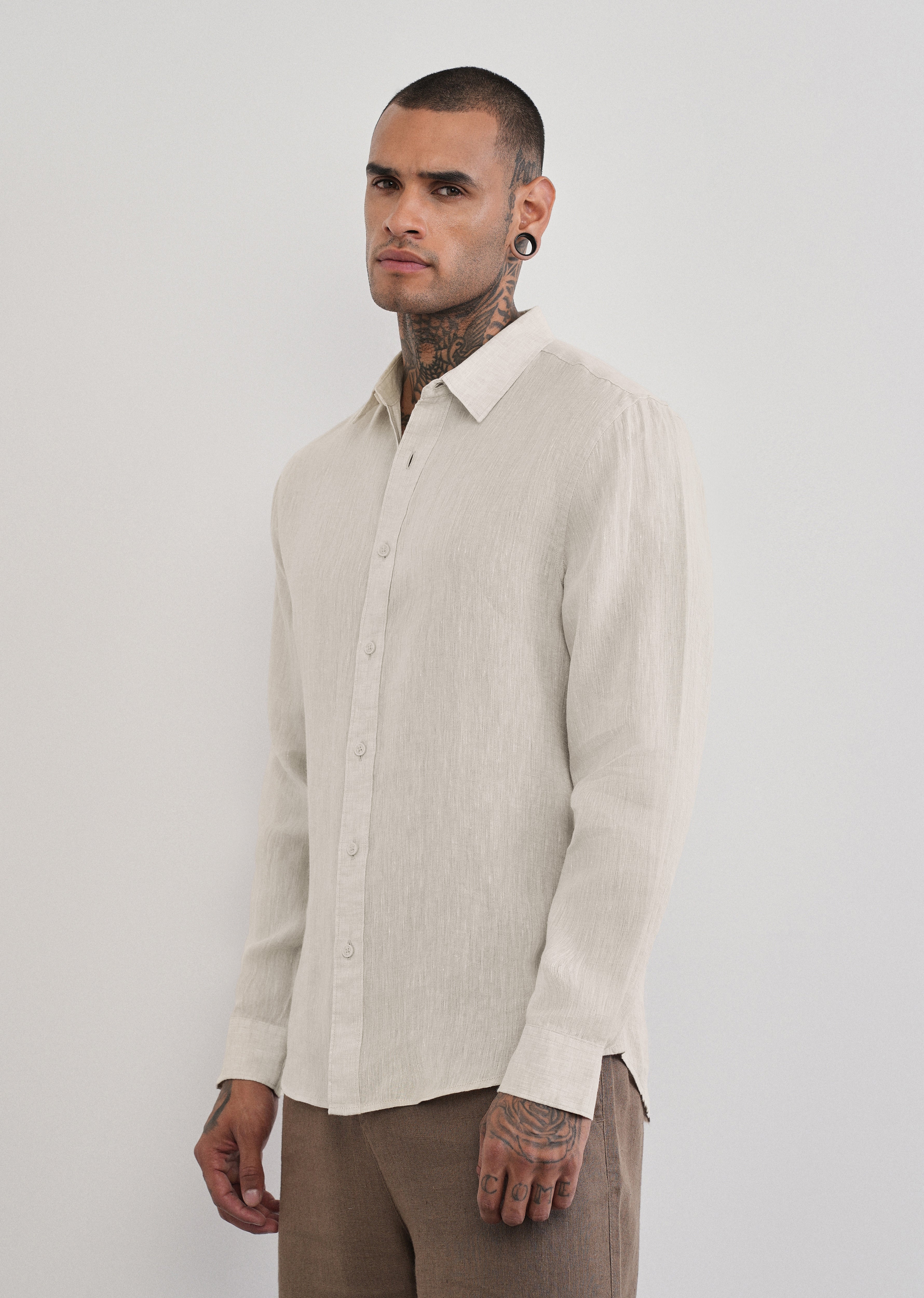 100% Pure Linen Beige Plain Shirt