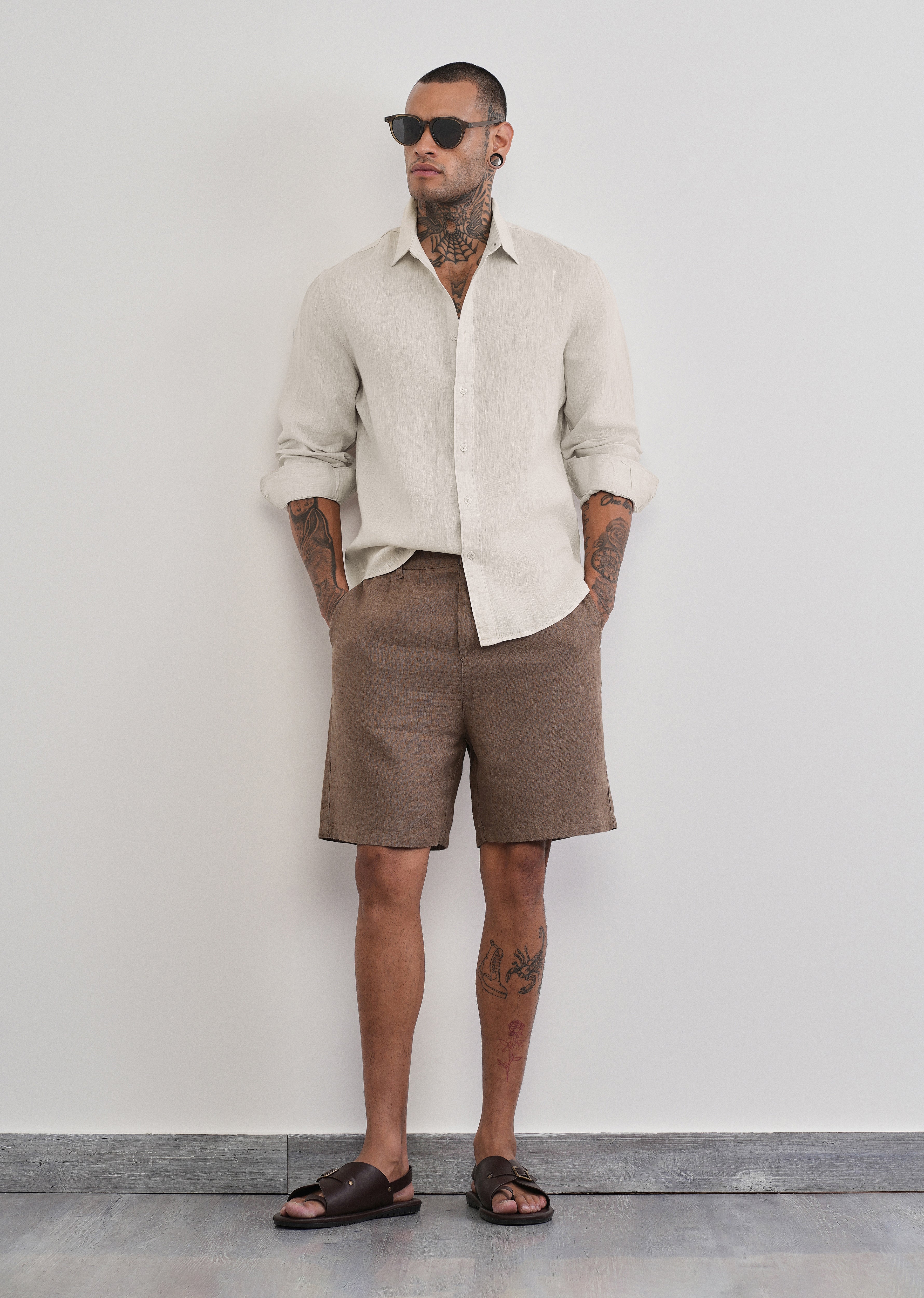 100% Pure Linen Beige Plain Shirt
