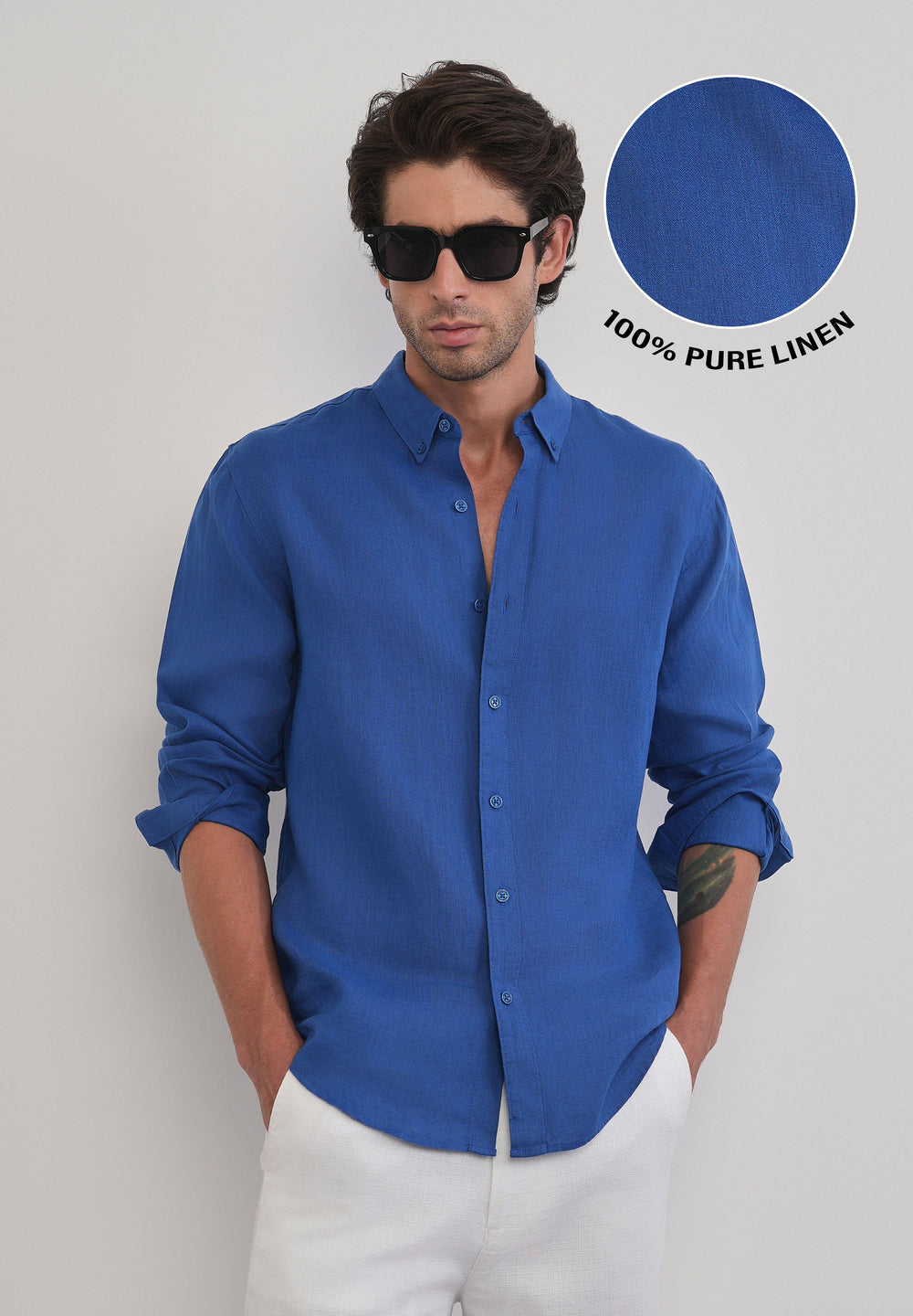 100% Pure Linen Blue Plain Shirt