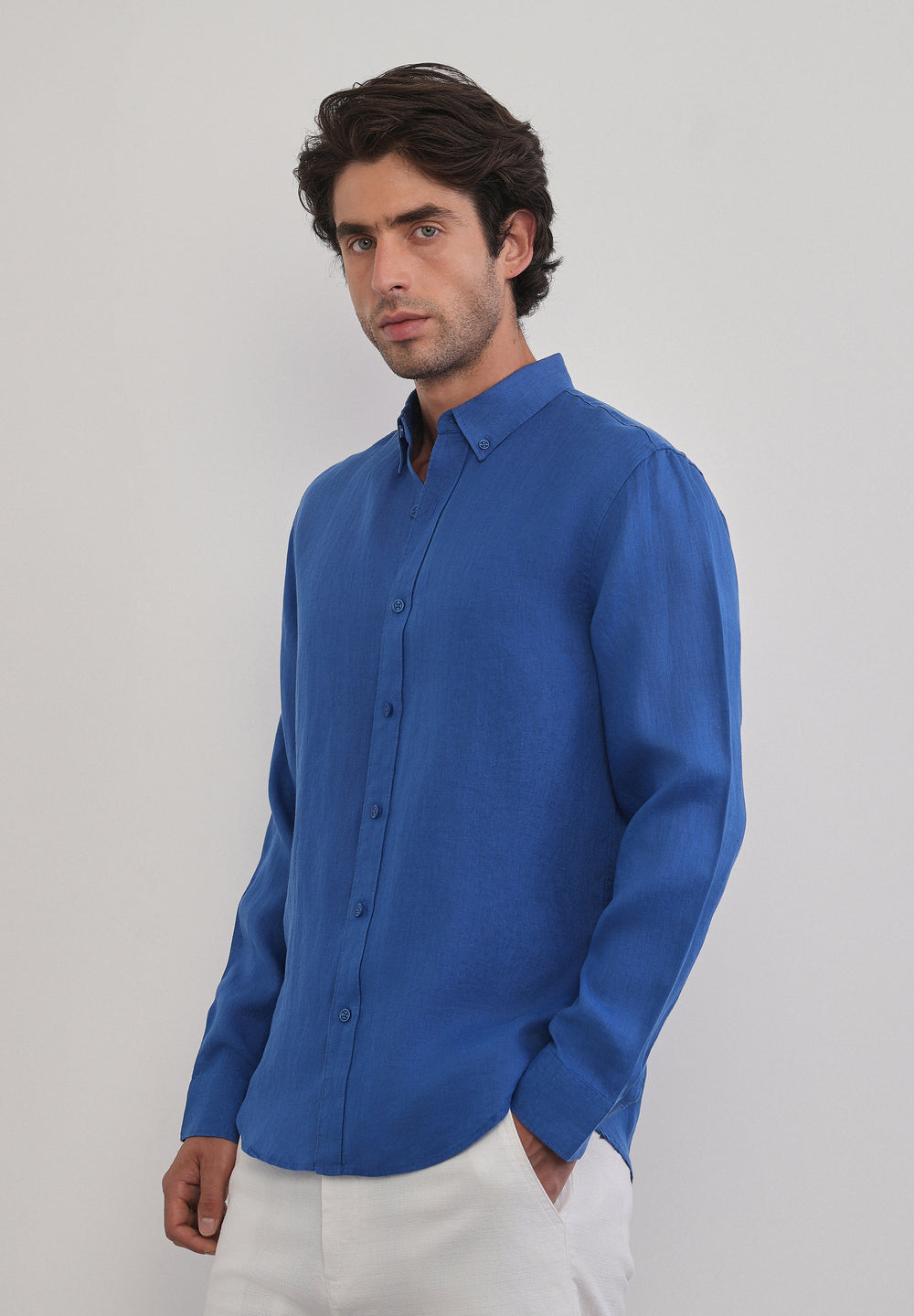 100% Pure Linen Blue Plain Shirt