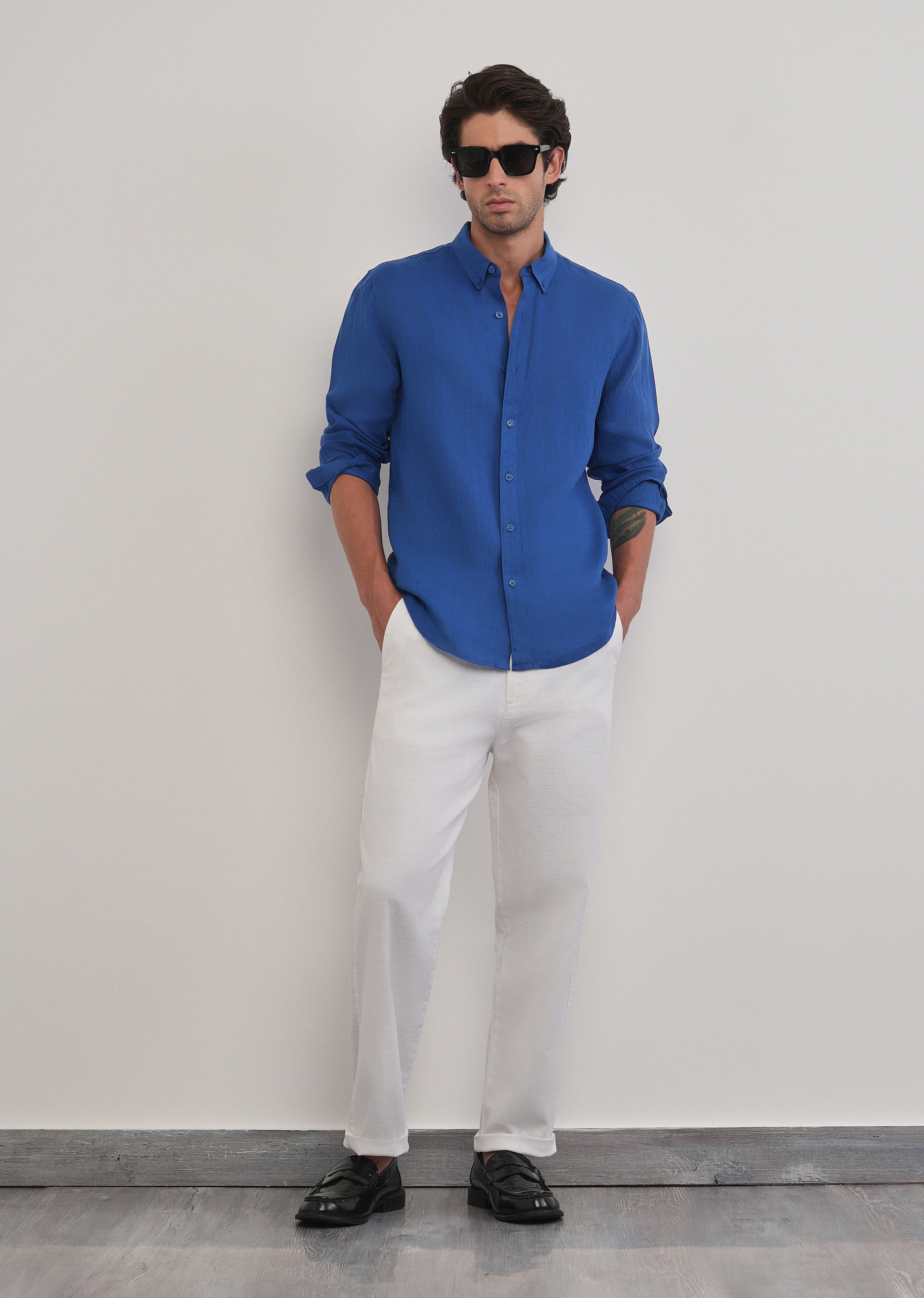 100% Pure Linen Blue Plain Shirt
