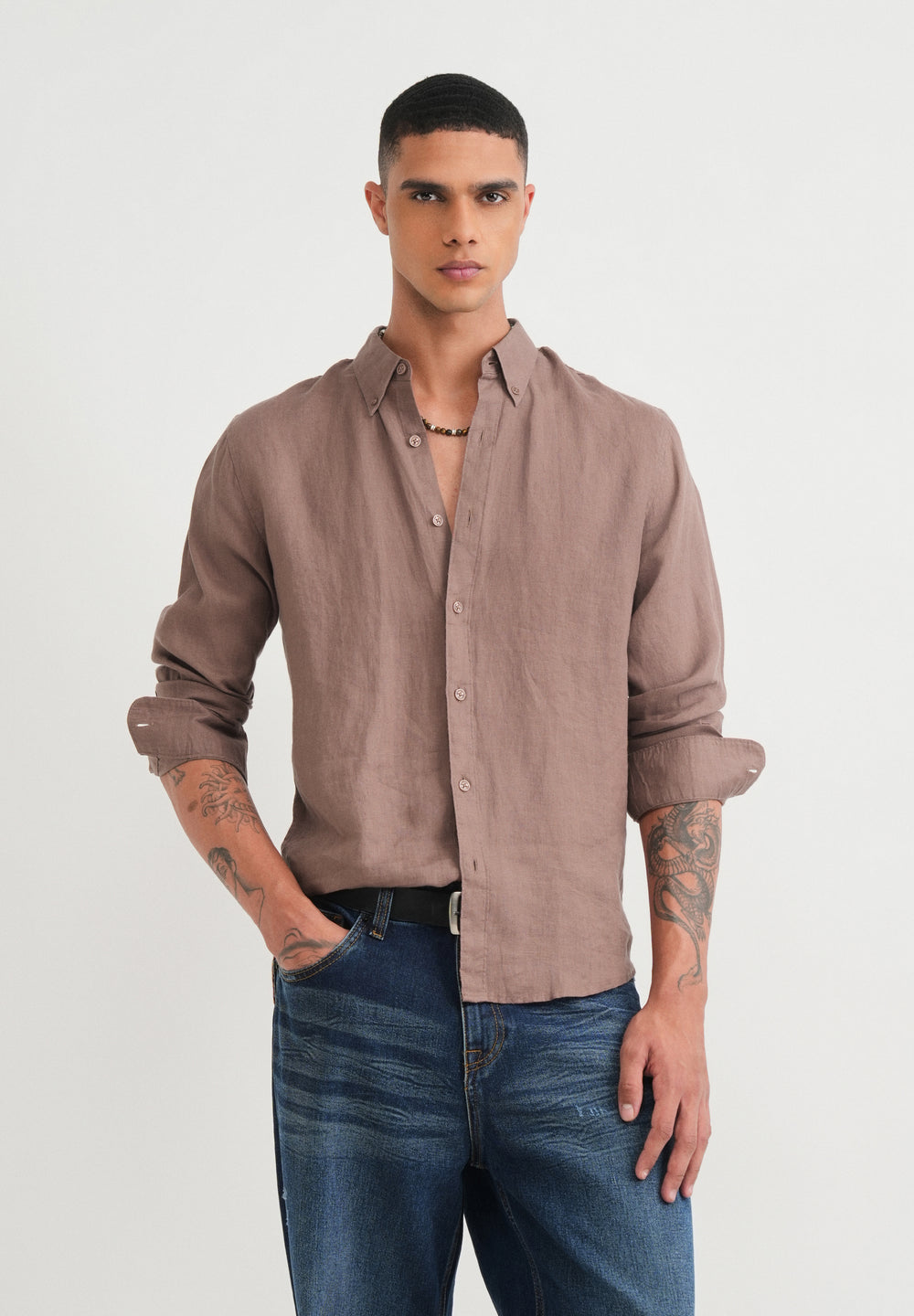 100% Pure Linen Brown Shirt