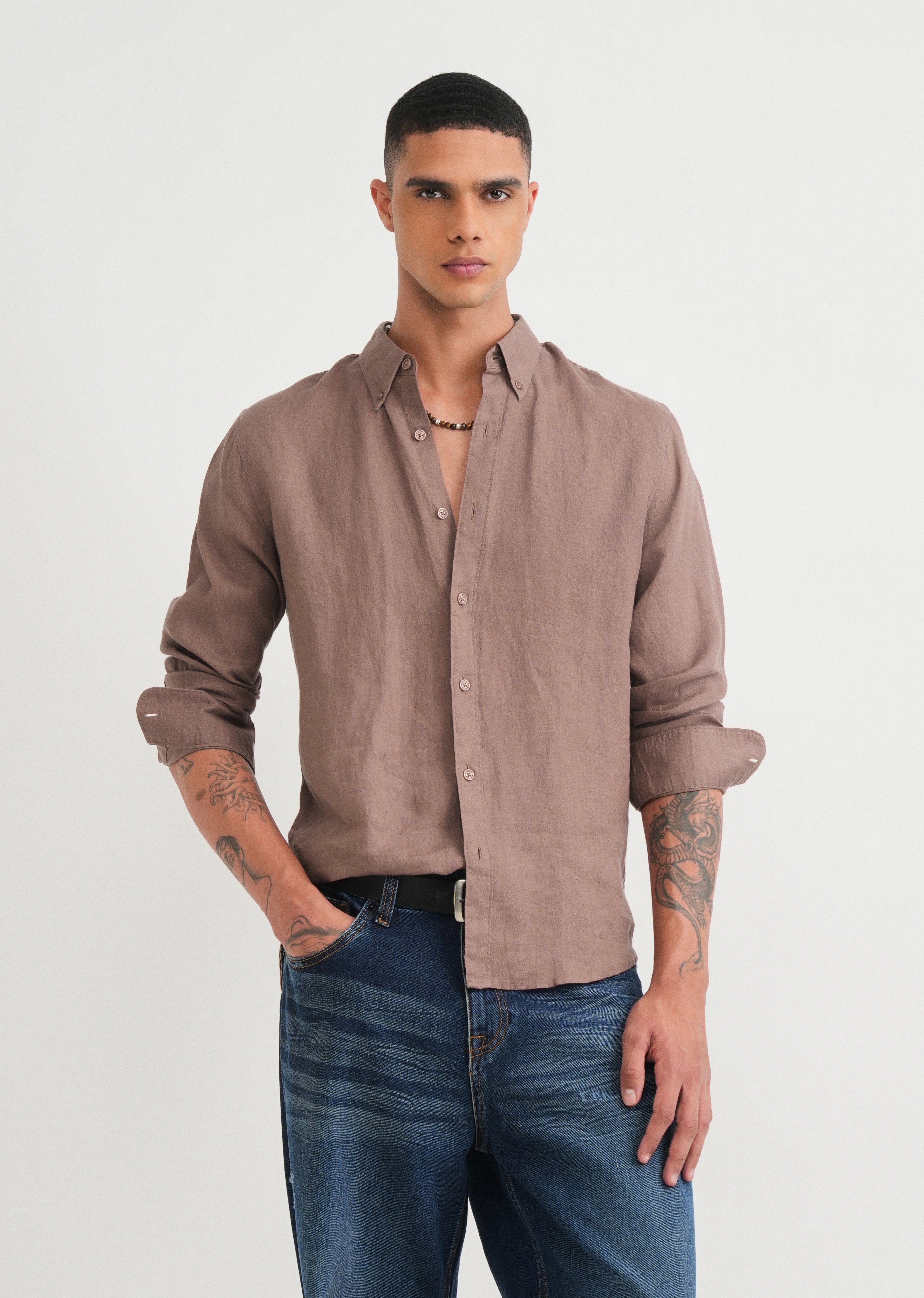 100% Pure Linen Brown Shirt
