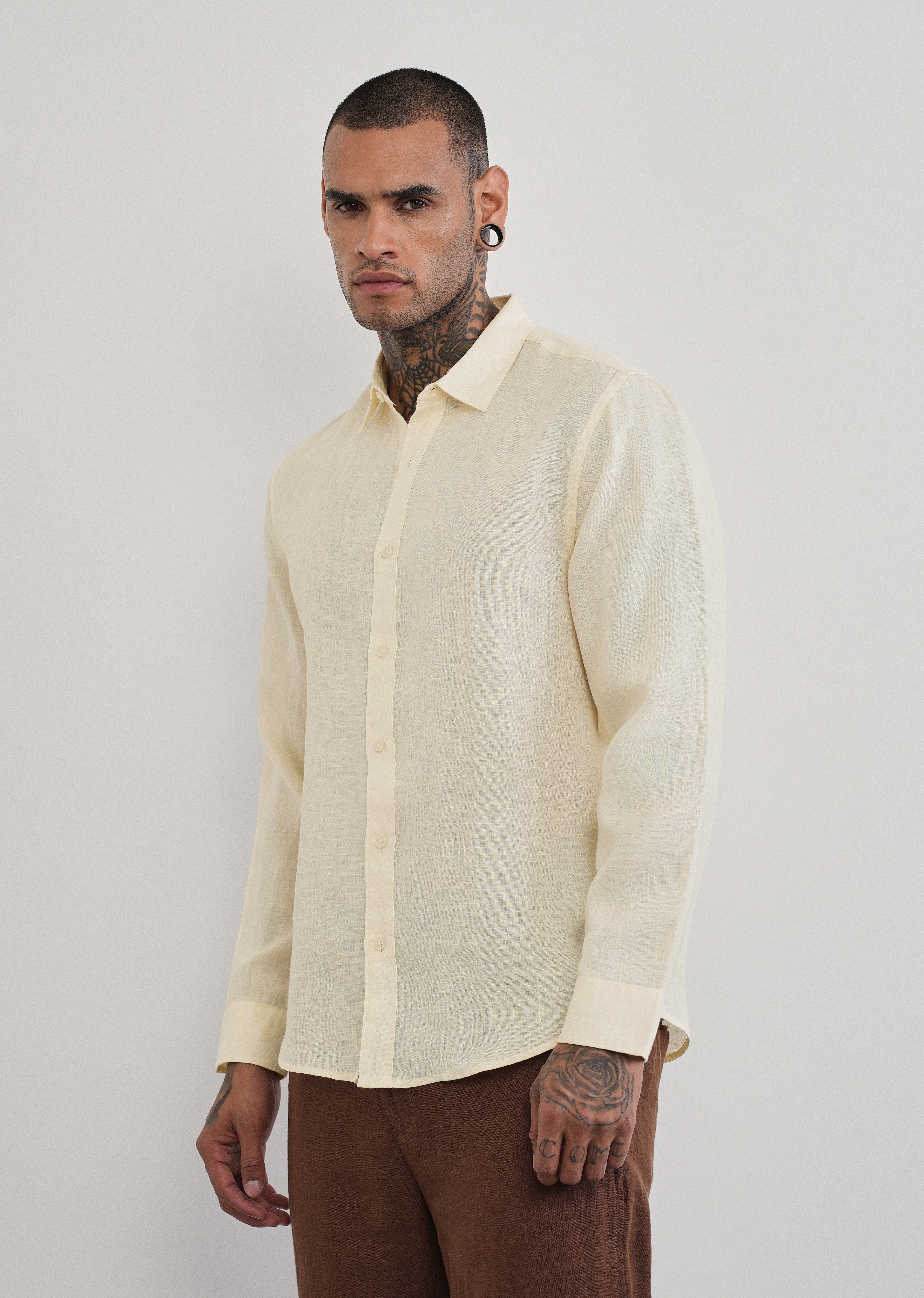 100% Pure Linen Cream Plain Shirt