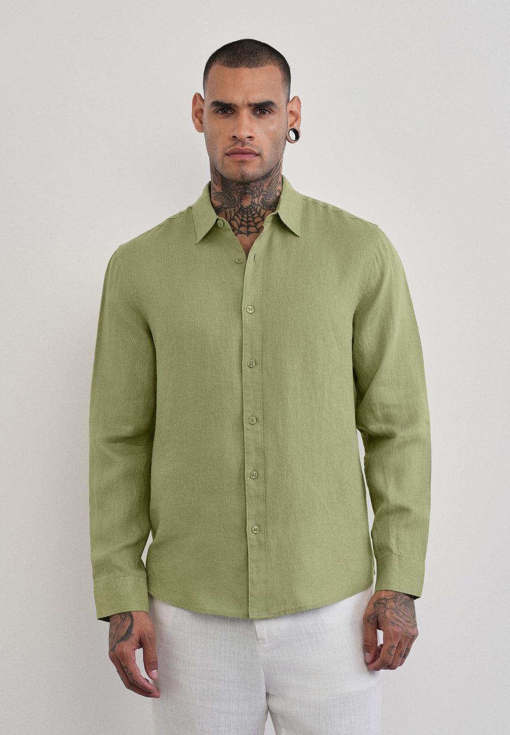 100% Pure Linen Sage Green Plain Shirt