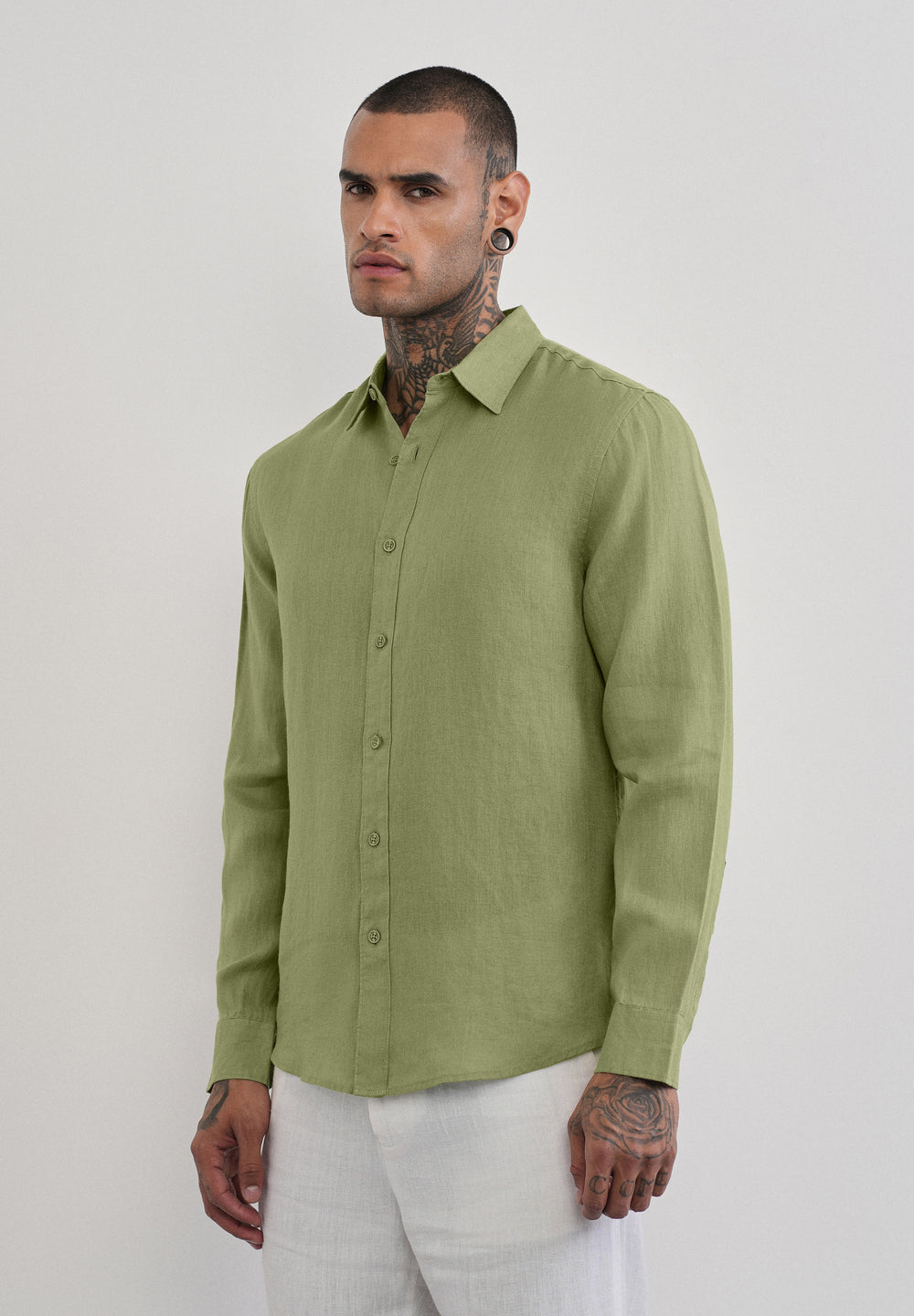 100% Pure Linen Sage Green Plain Shirt