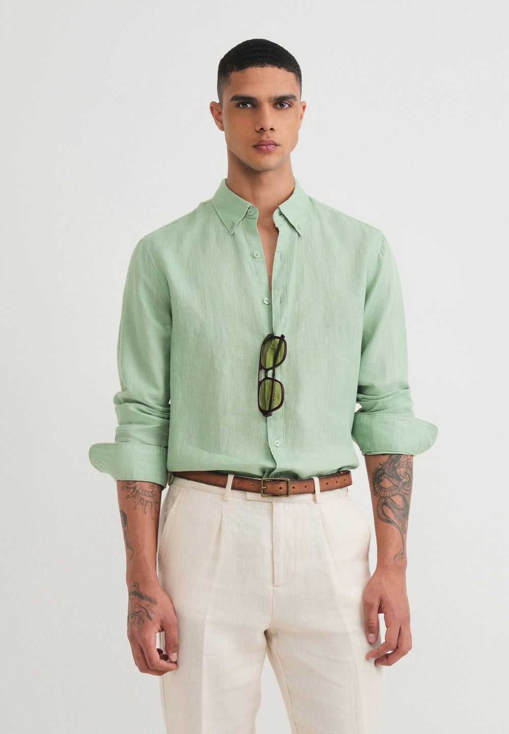 100% Pure Linen Green Shirt